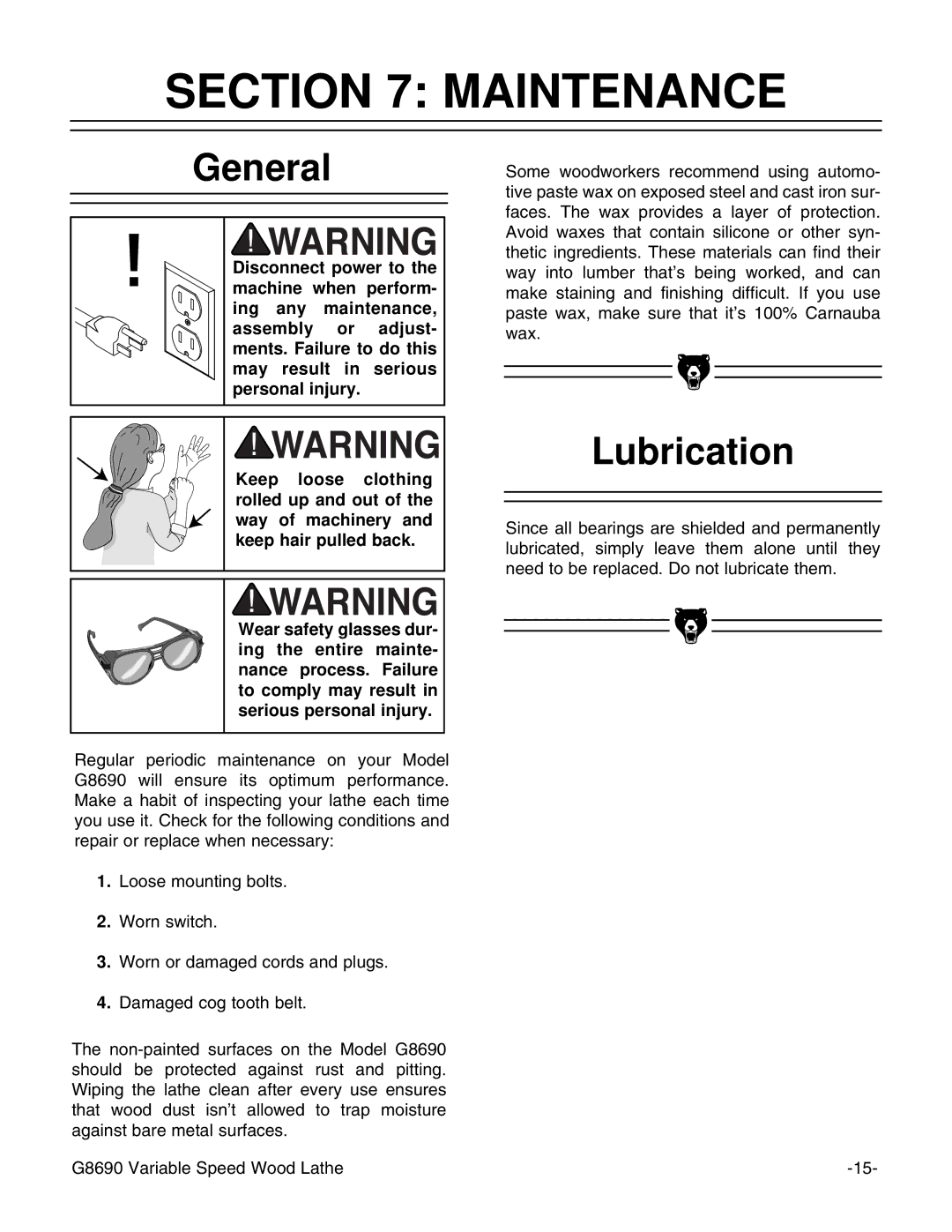 Grizzly G8690 instruction manual Maintenance, General, Lubrication 