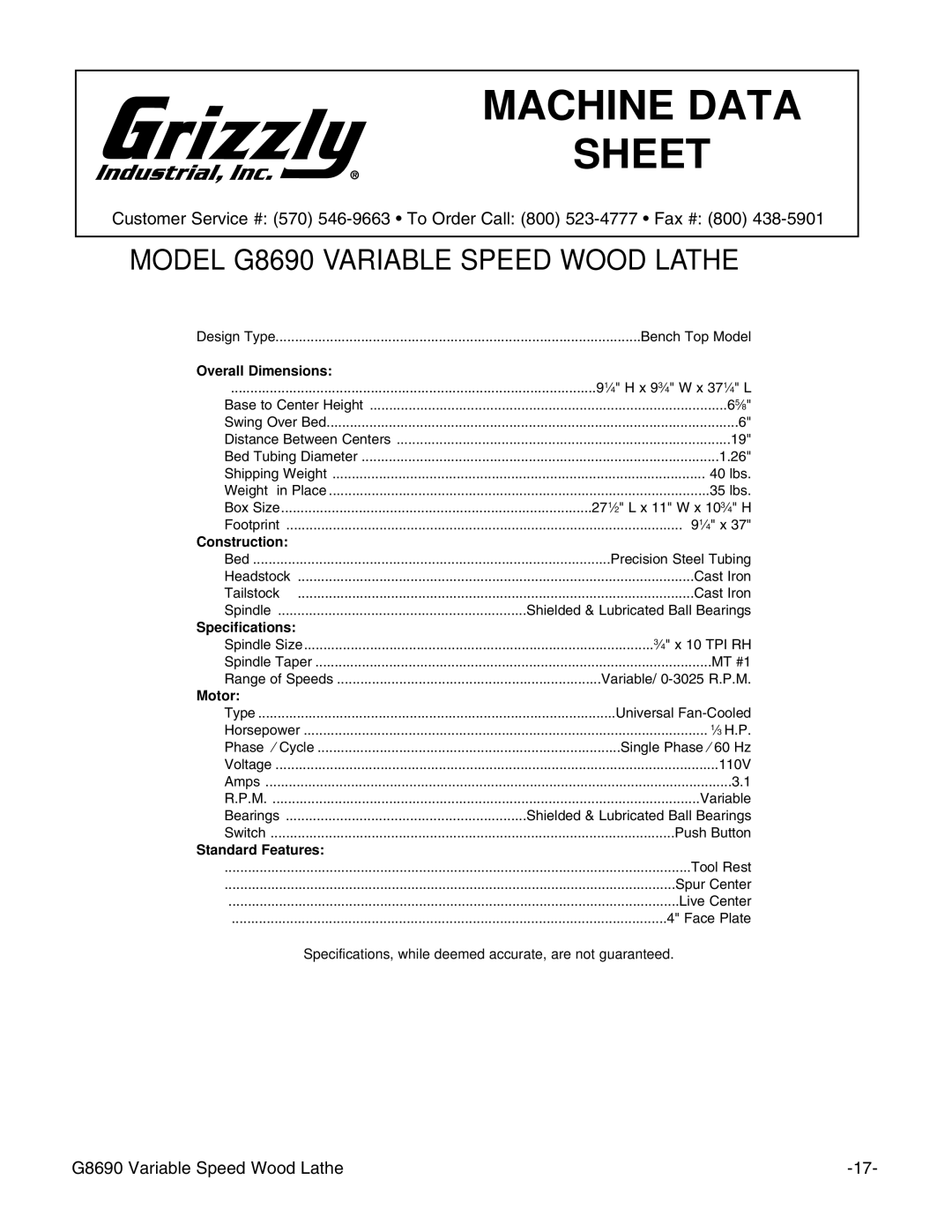 Grizzly G8690 instruction manual Machine Data Sheet 