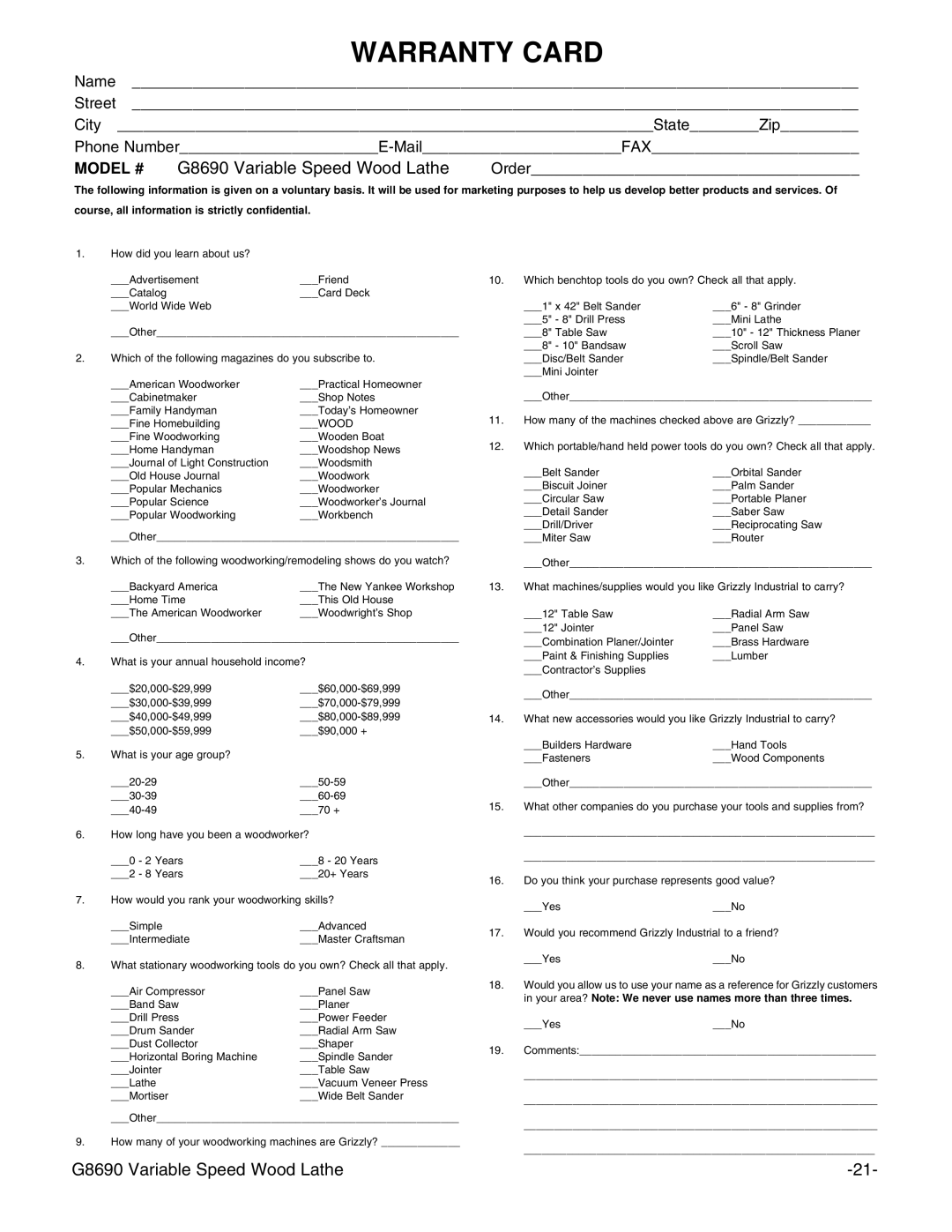 Grizzly G8690 instruction manual Warranty Card 