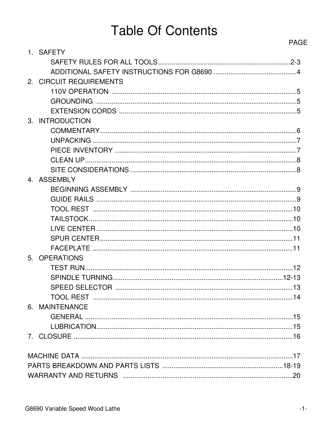 Grizzly G8690 instruction manual Table Of Contents 