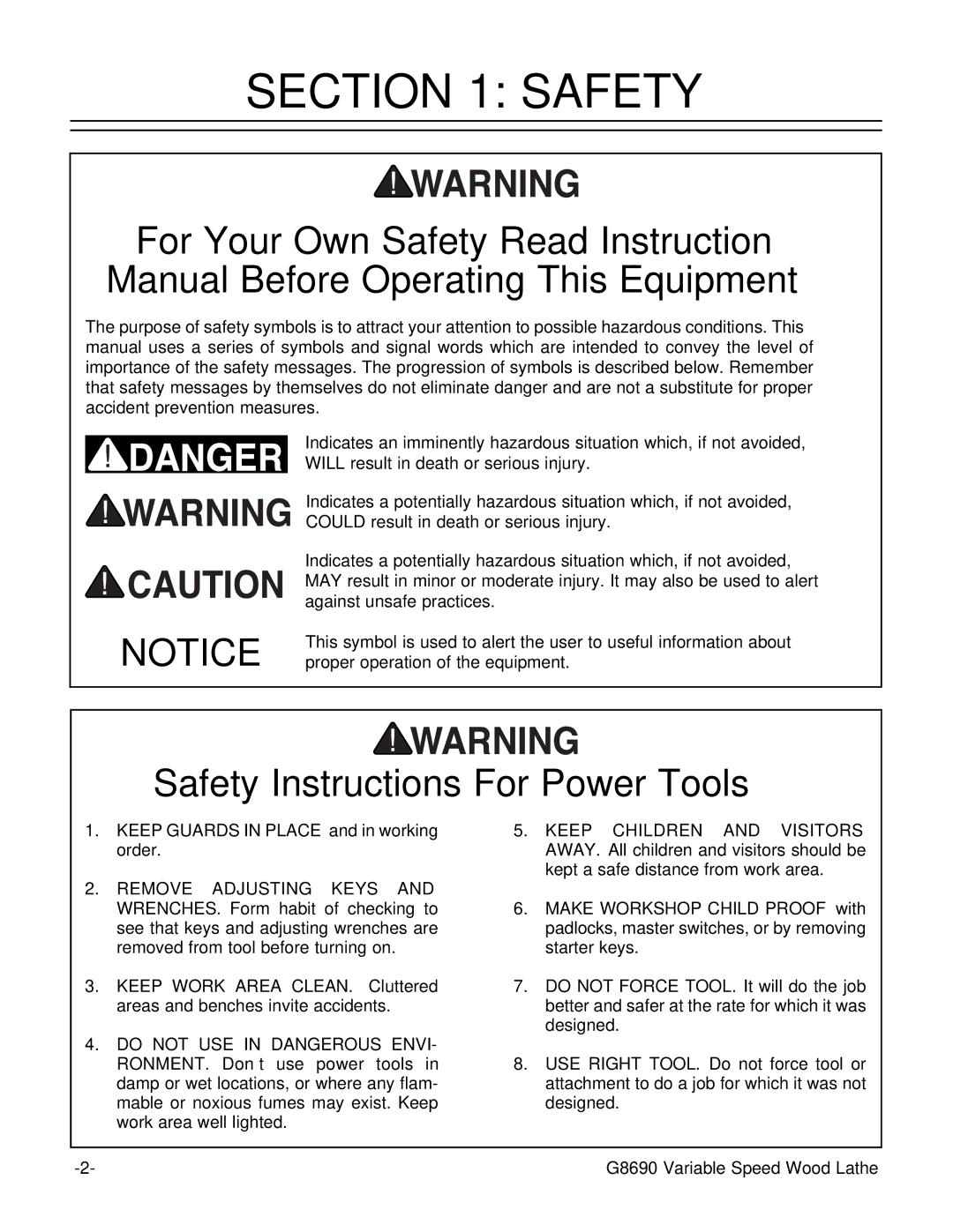 Grizzly G8690 instruction manual Safety Instructions For Power Tools 