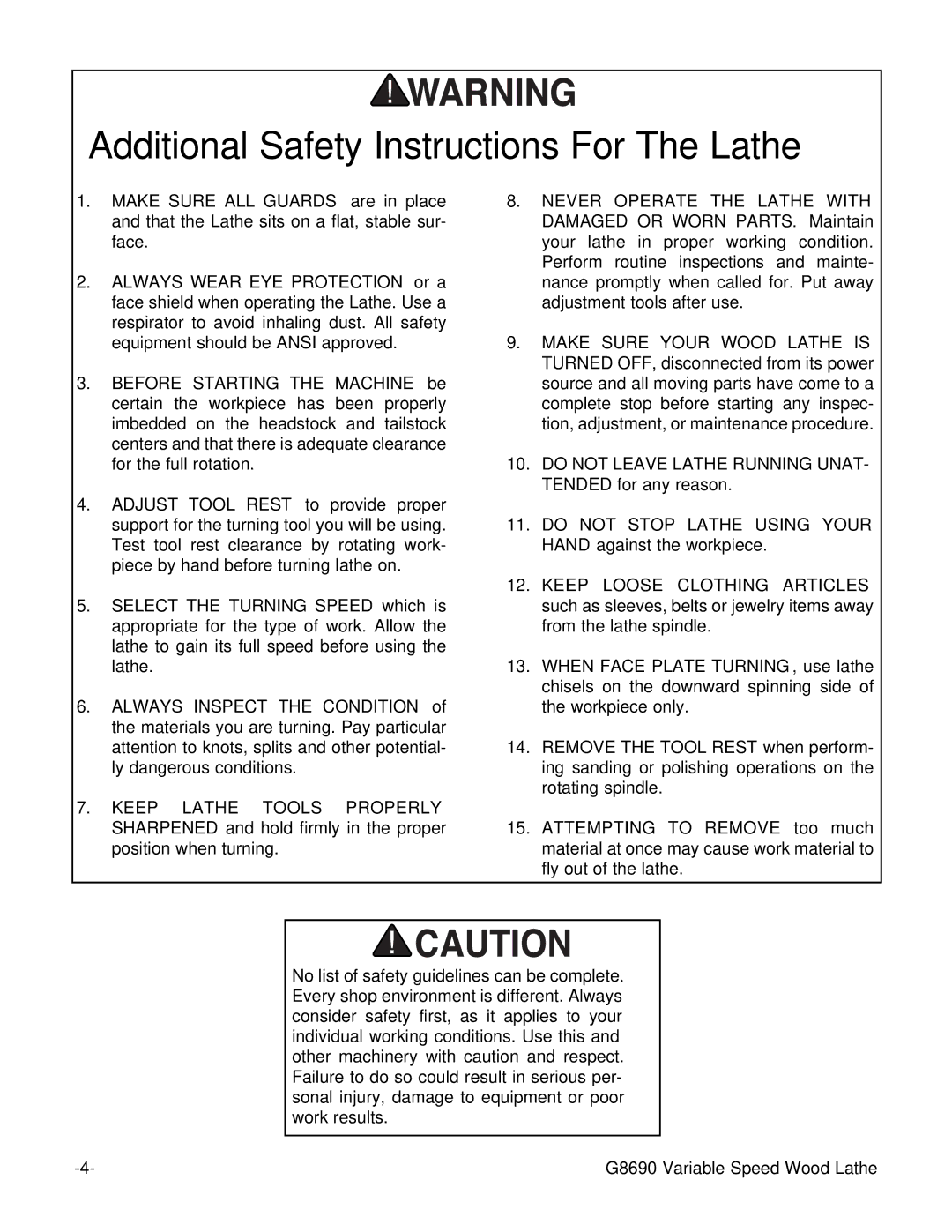 Grizzly G8690 instruction manual Additional Safety Instructions For The Lathe 