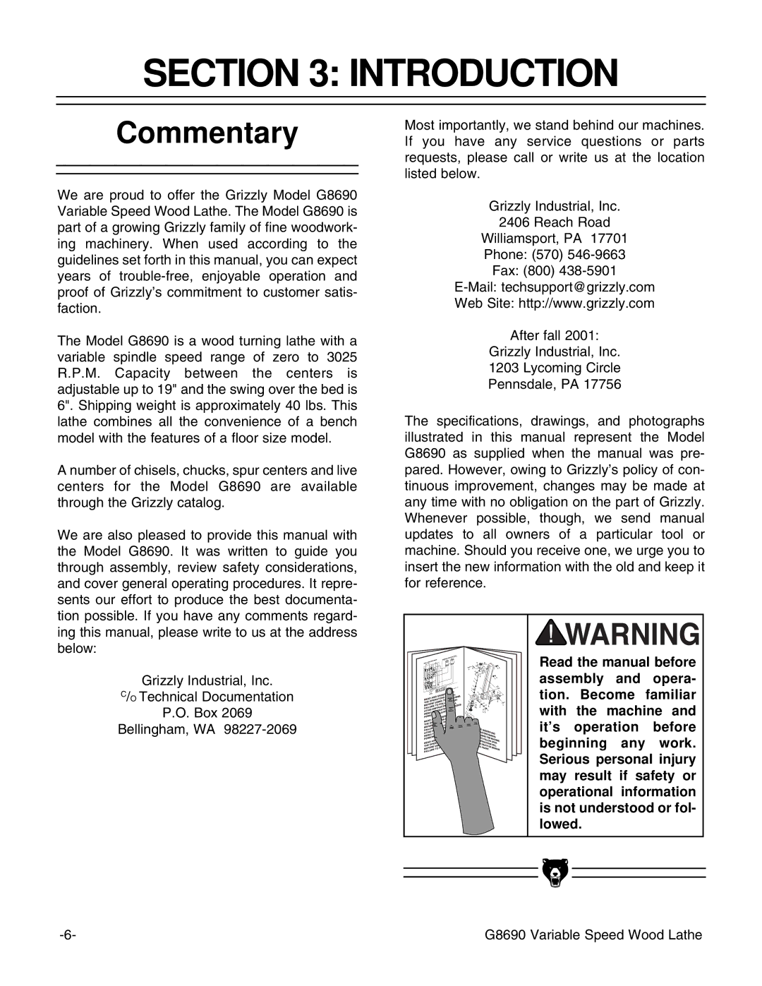 Grizzly G8690 instruction manual Introduction, Commentary 