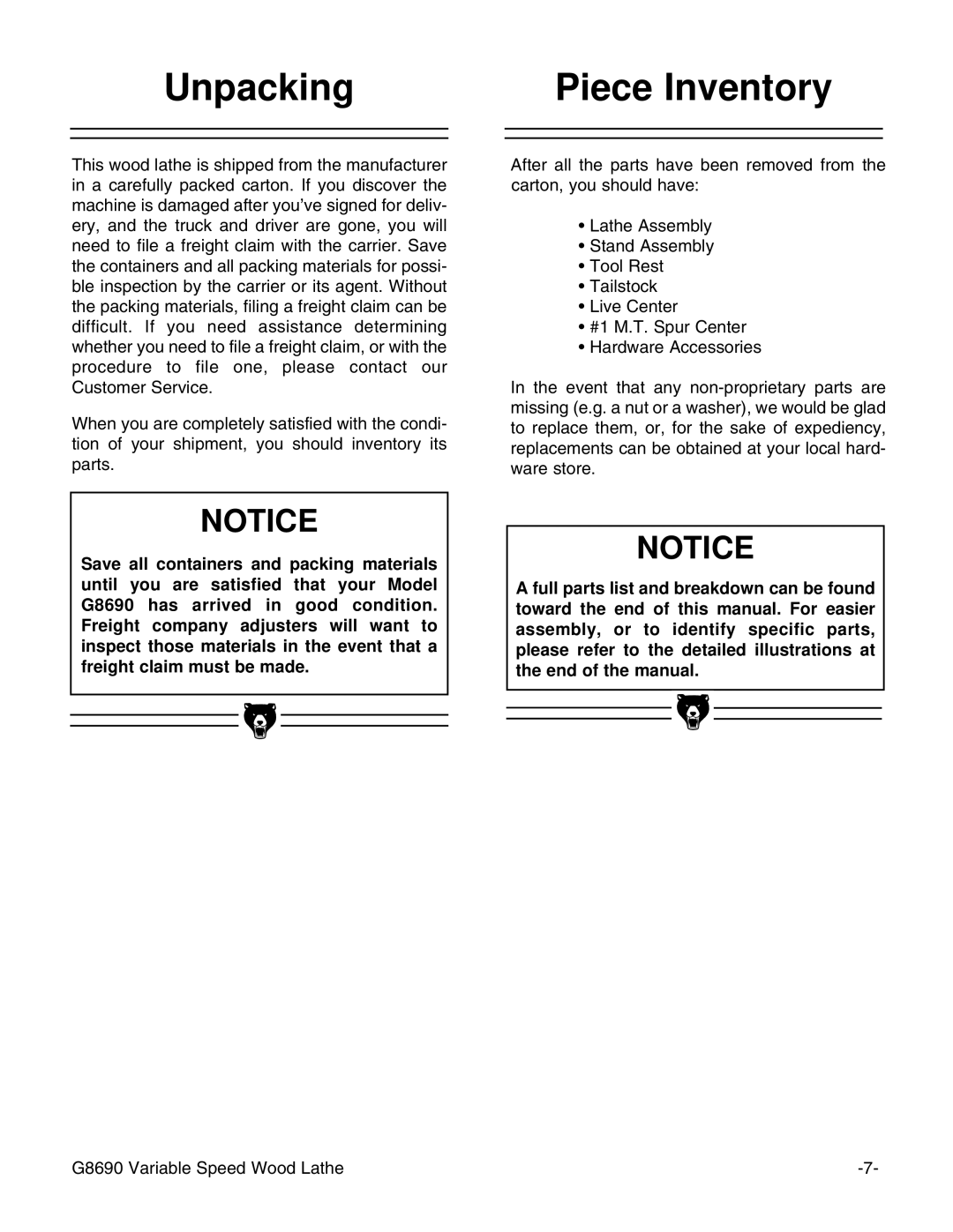 Grizzly G8690 instruction manual Unpacking, Piece Inventory 