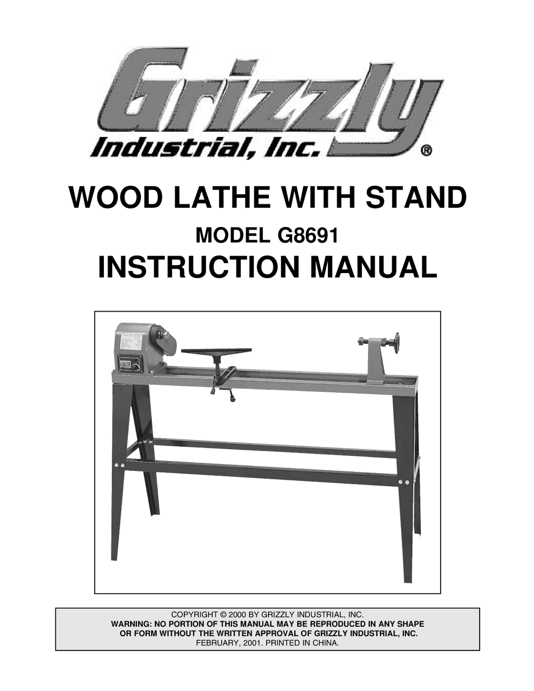 Grizzly G8691 instruction manual Wood Lathe with Stand 