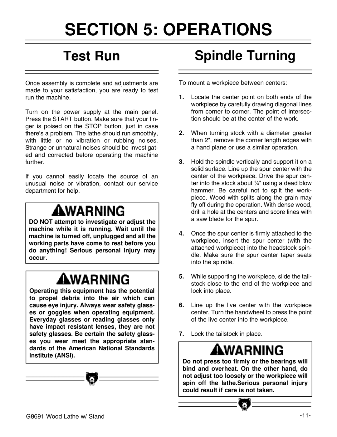 Grizzly G8691 instruction manual Operations, Test Run, Spindle Turning 