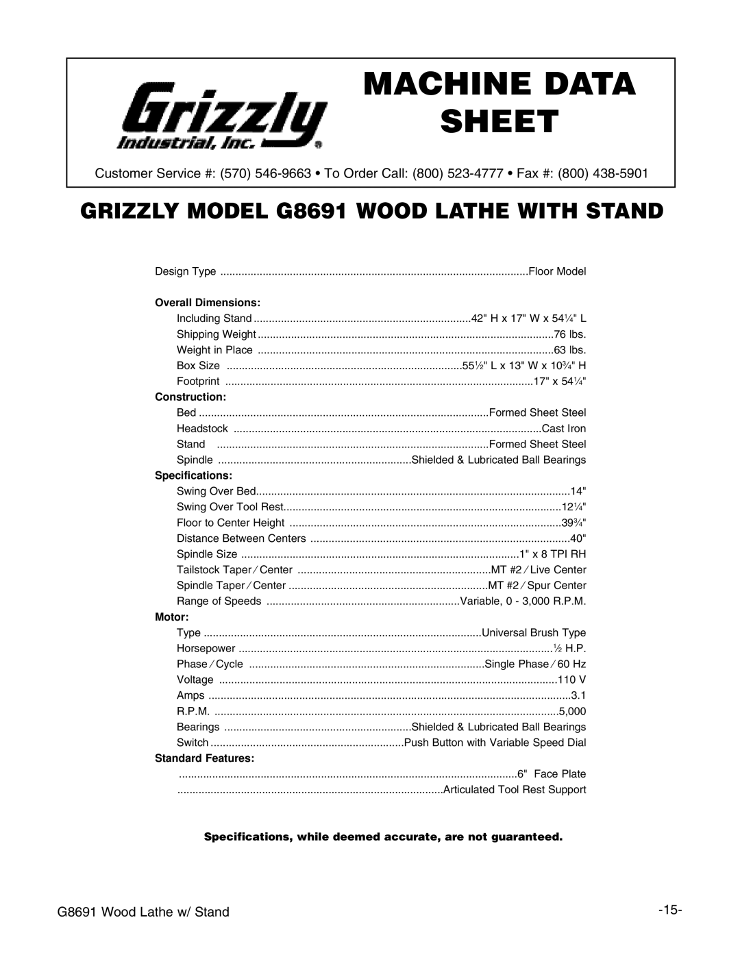 Grizzly G8691 instruction manual Machine Data Sheet 