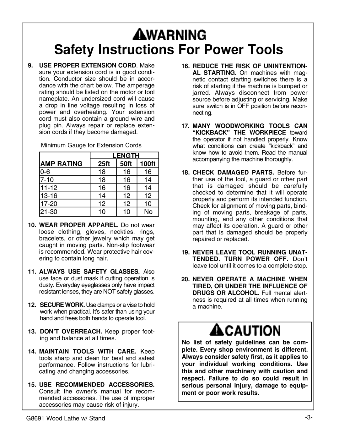 Grizzly G8691 instruction manual Length AMP Rating 