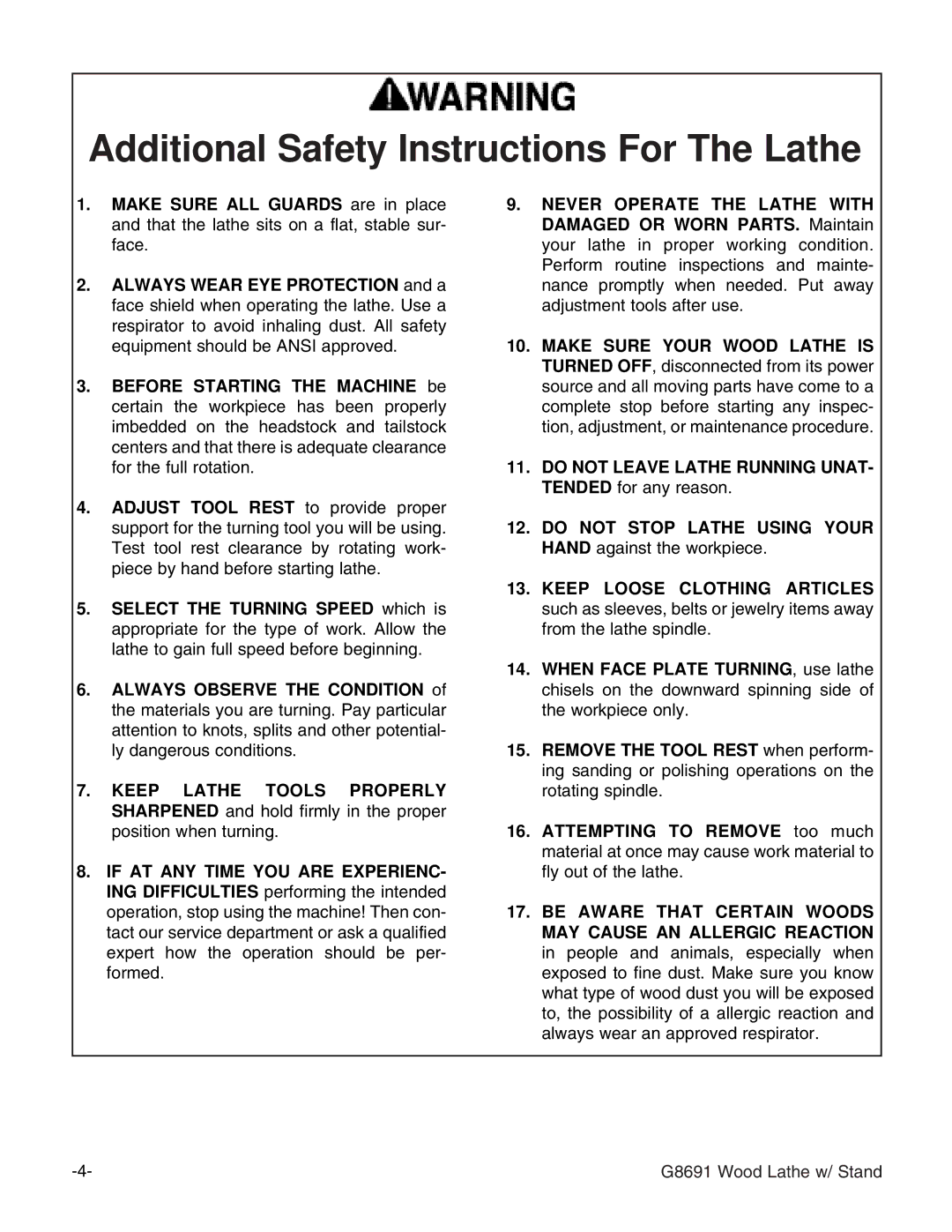 Grizzly G8691 instruction manual Additional Safety Instructions For The Lathe 