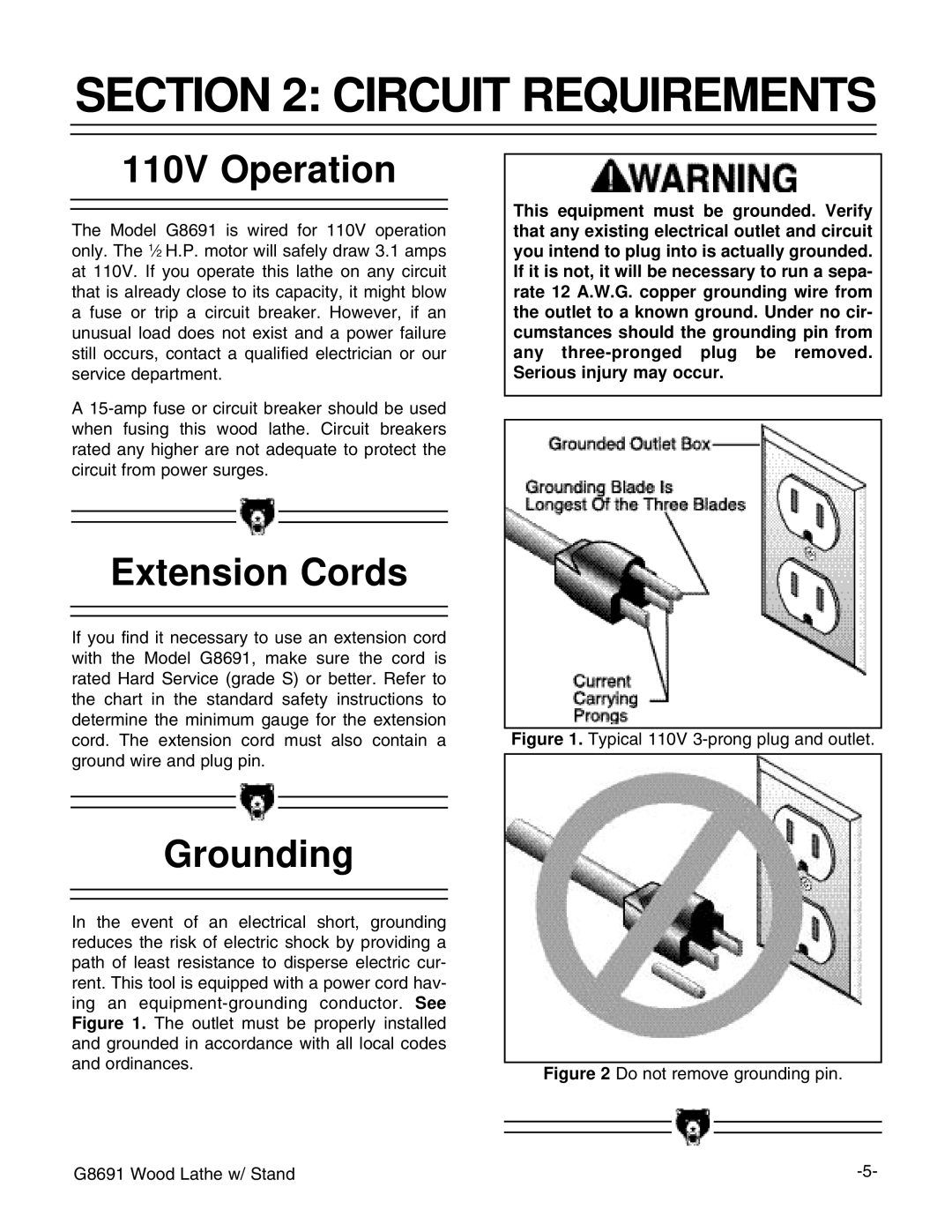 Grizzly G8691 instruction manual Circuit Requirements, 110V Operation, Extension Cords, Grounding 