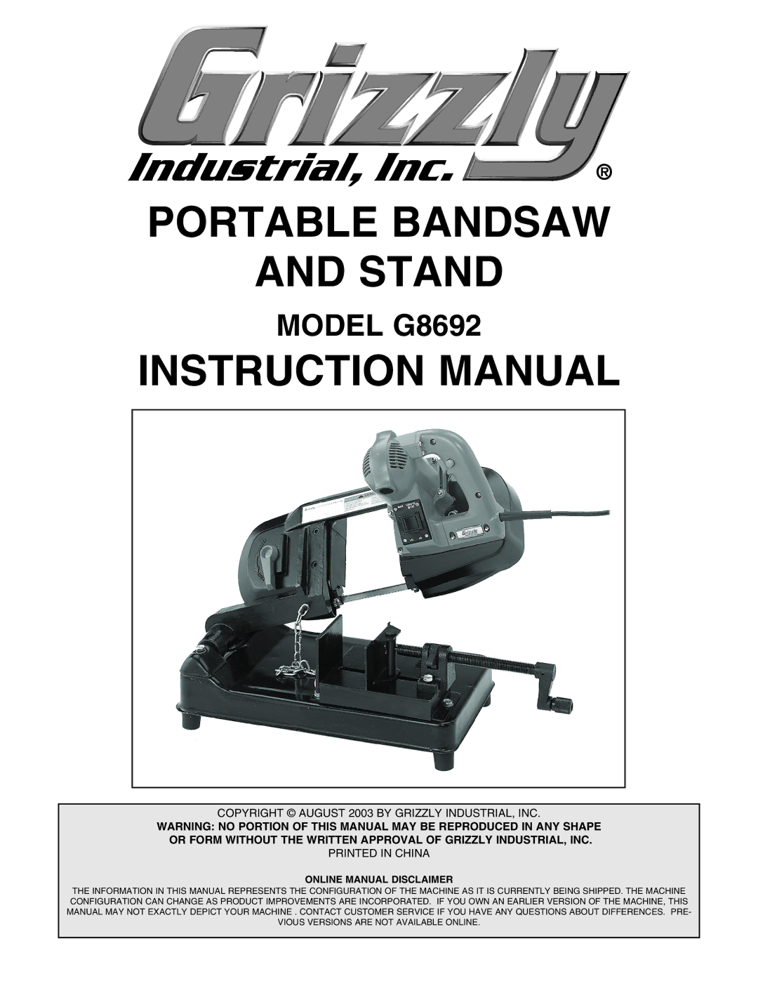 Grizzly G8692 instruction manual Portable Bandsaw Stand 