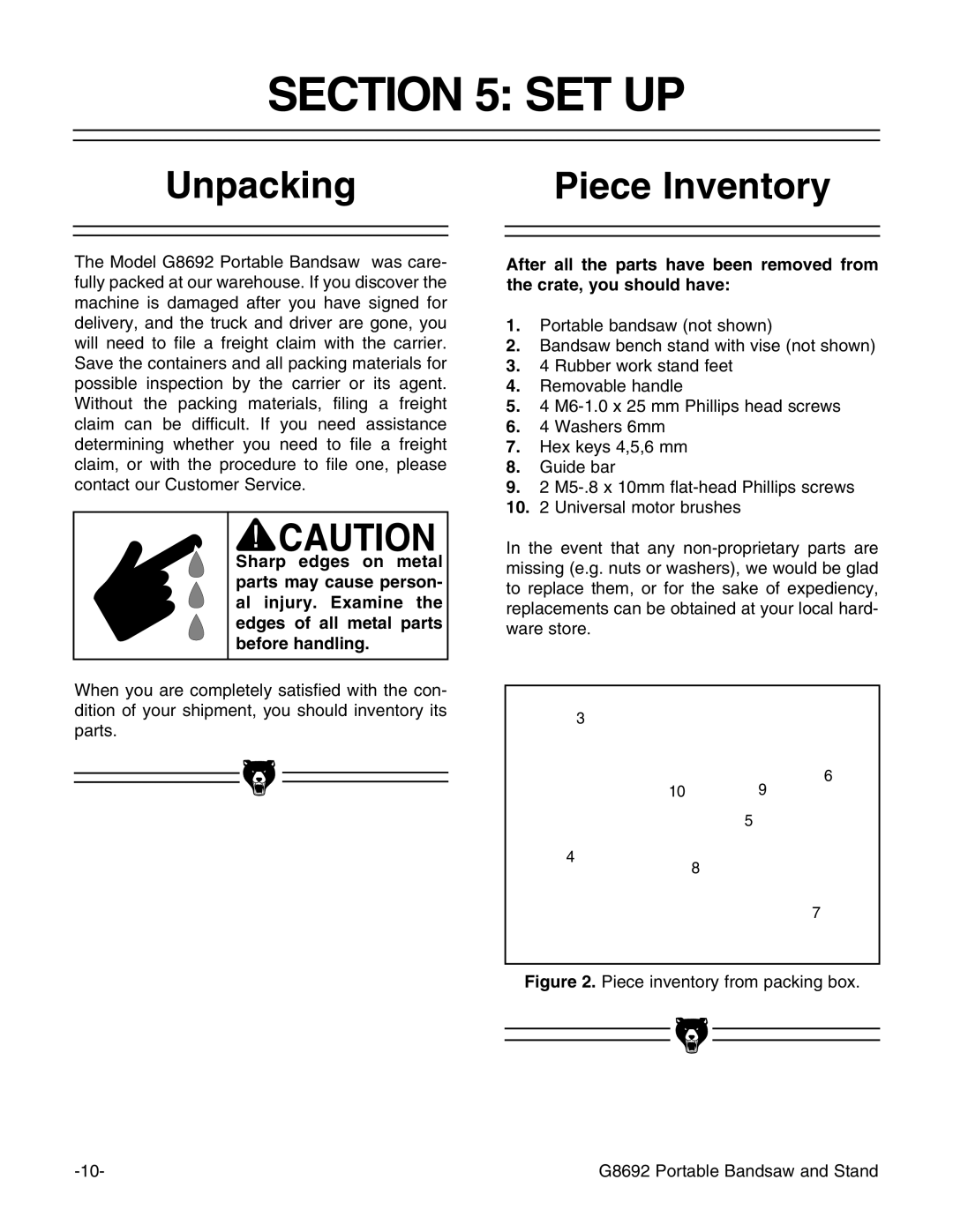 Grizzly G8692 instruction manual Set Up, Unpacking, Piece Inventory 