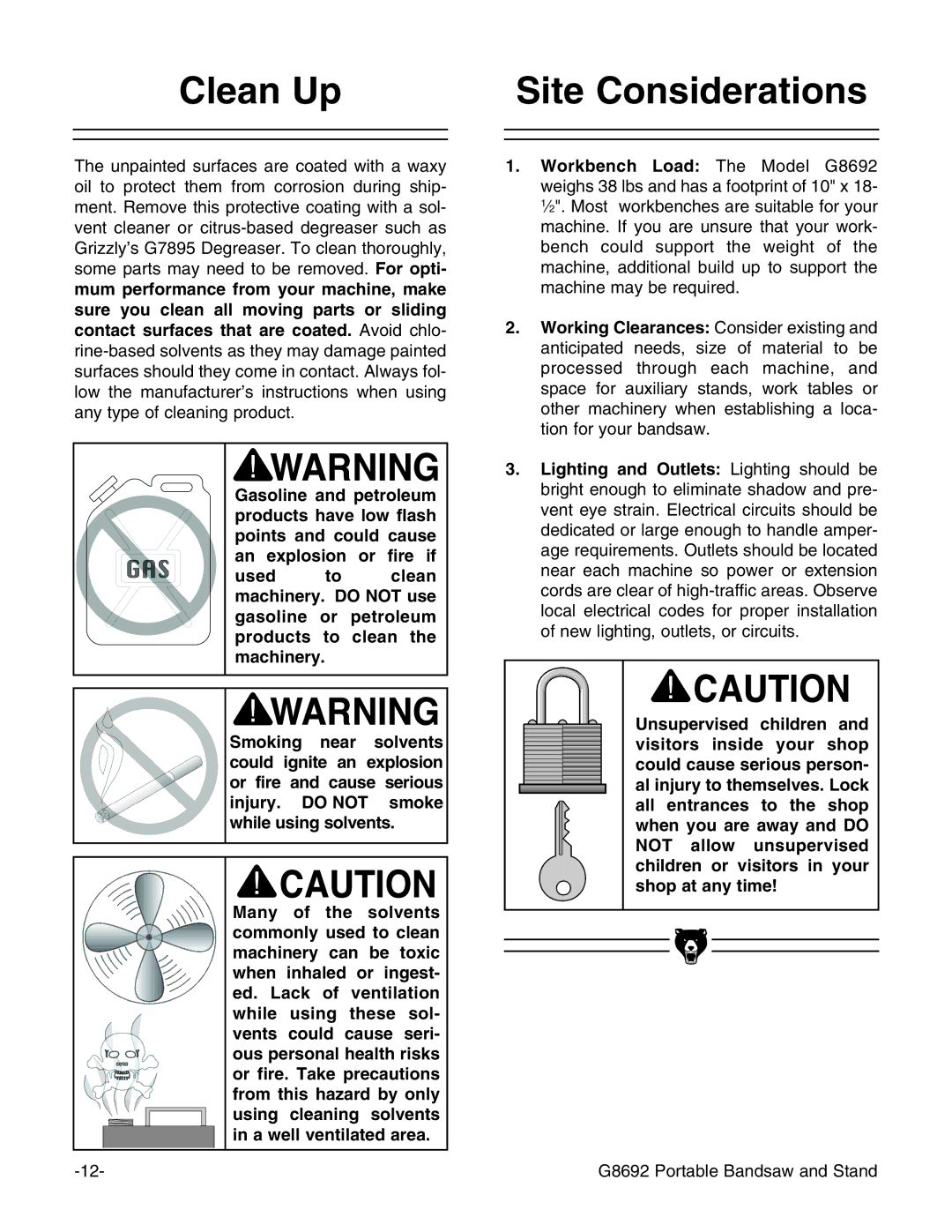 Grizzly G8692 instruction manual Clean Up Site Considerations 