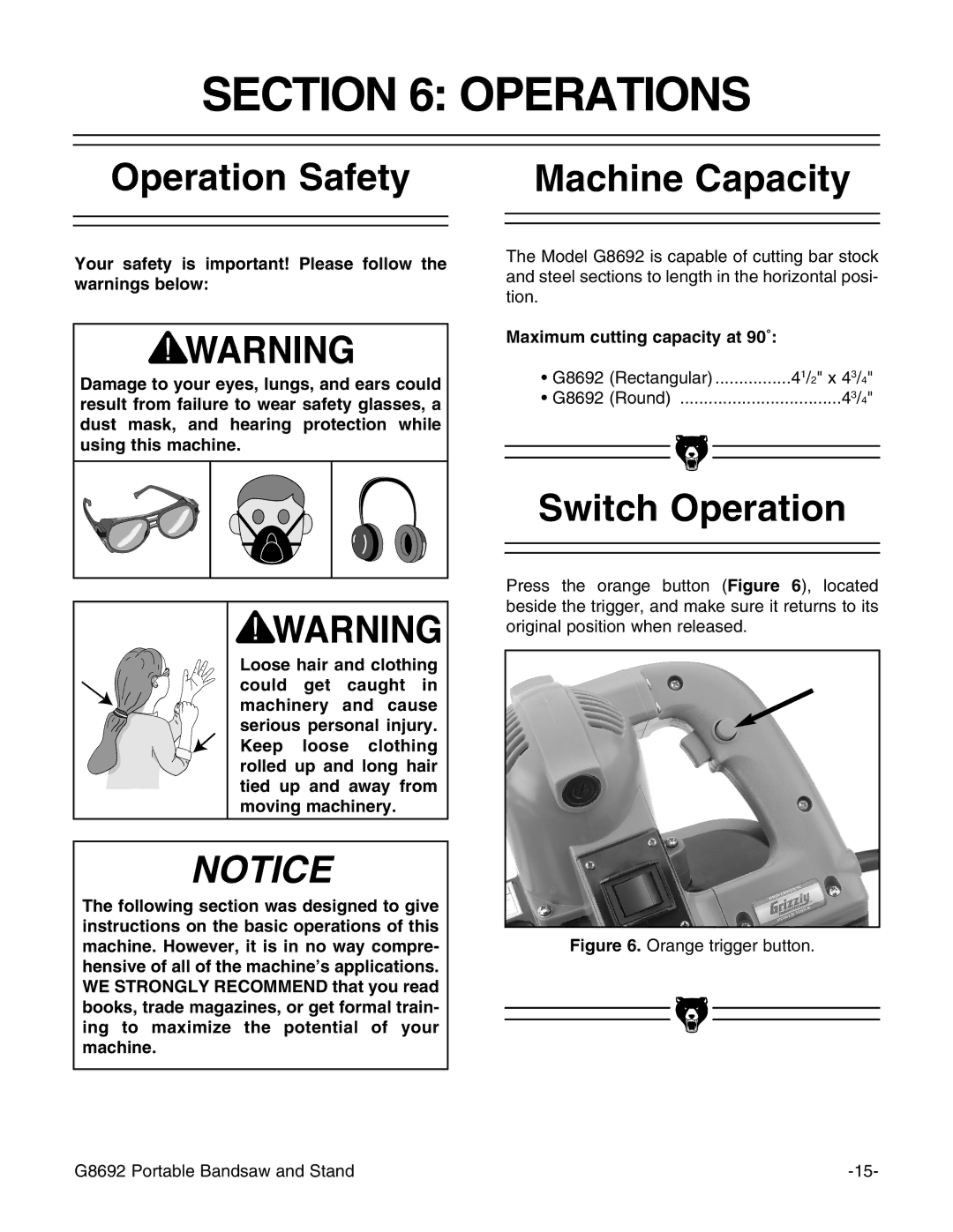 Grizzly G8692 Operations, Operation Safety, Machine Capacity, Switch Operation, Maximum cutting capacity at 90˚ 