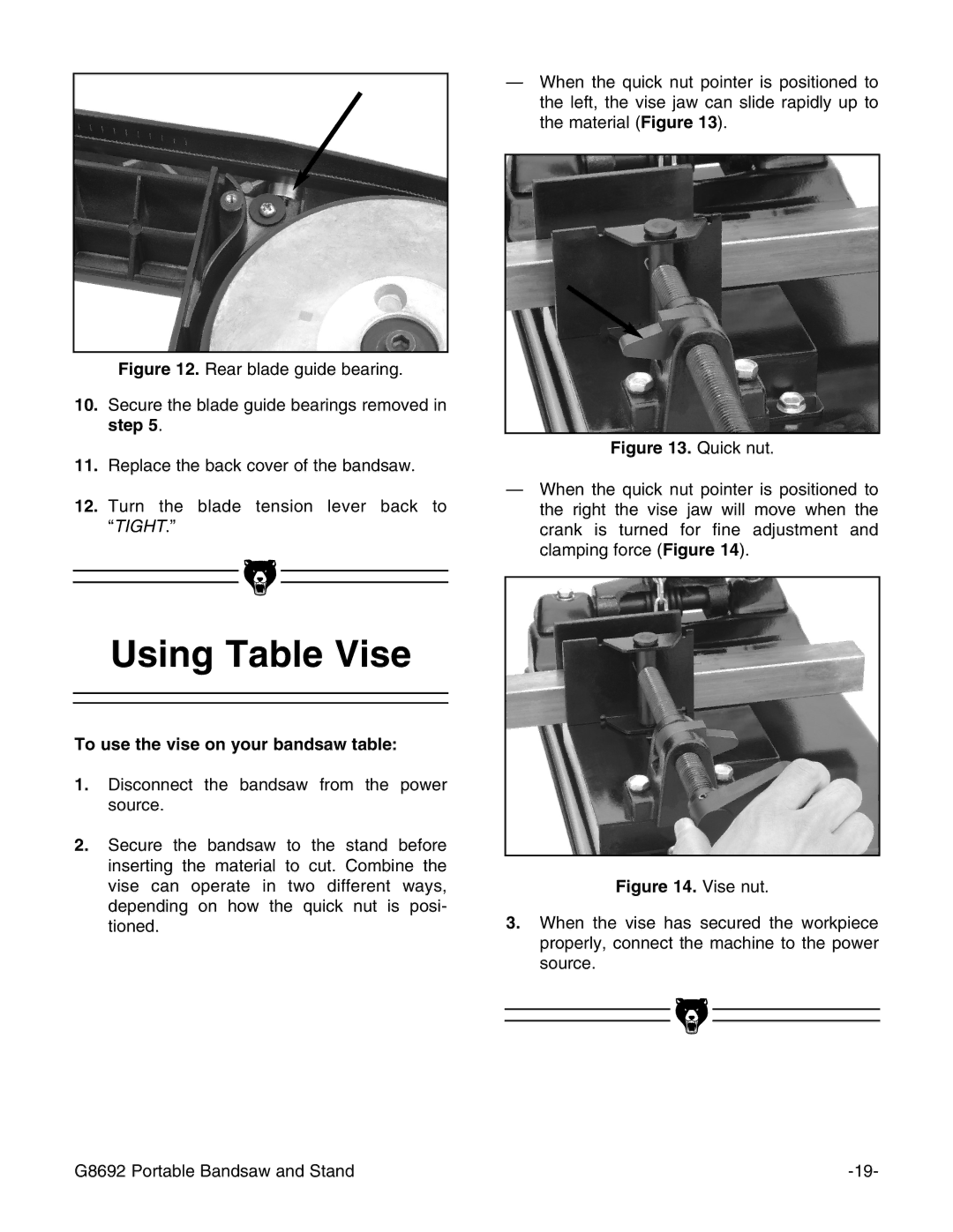 Grizzly G8692 instruction manual Using Table Vise, To use the vise on your bandsaw table 