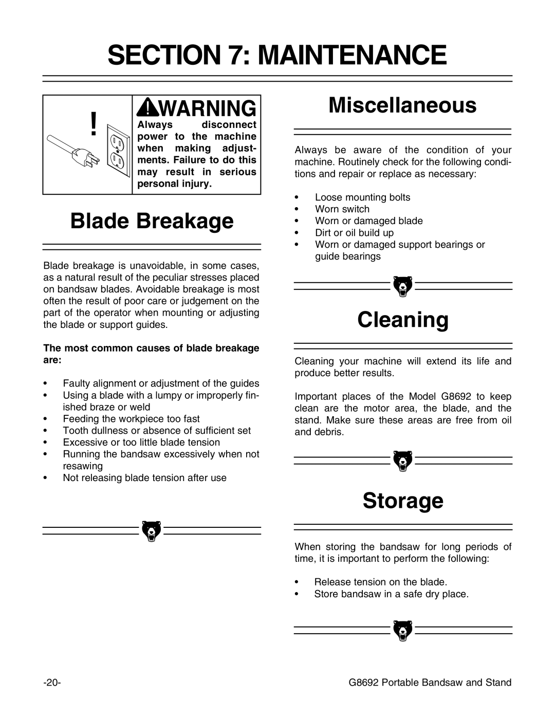 Grizzly G8692 instruction manual Maintenance, Blade Breakage, Miscellaneous, Cleaning, Storage 