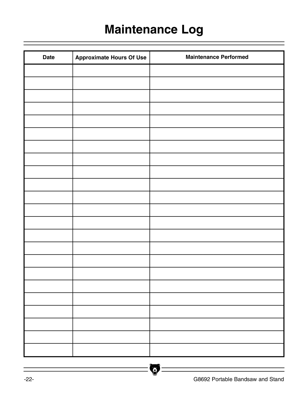 Grizzly G8692 instruction manual Maintenance Log, Date Approximate Hours Of Use Maintenance Performed 