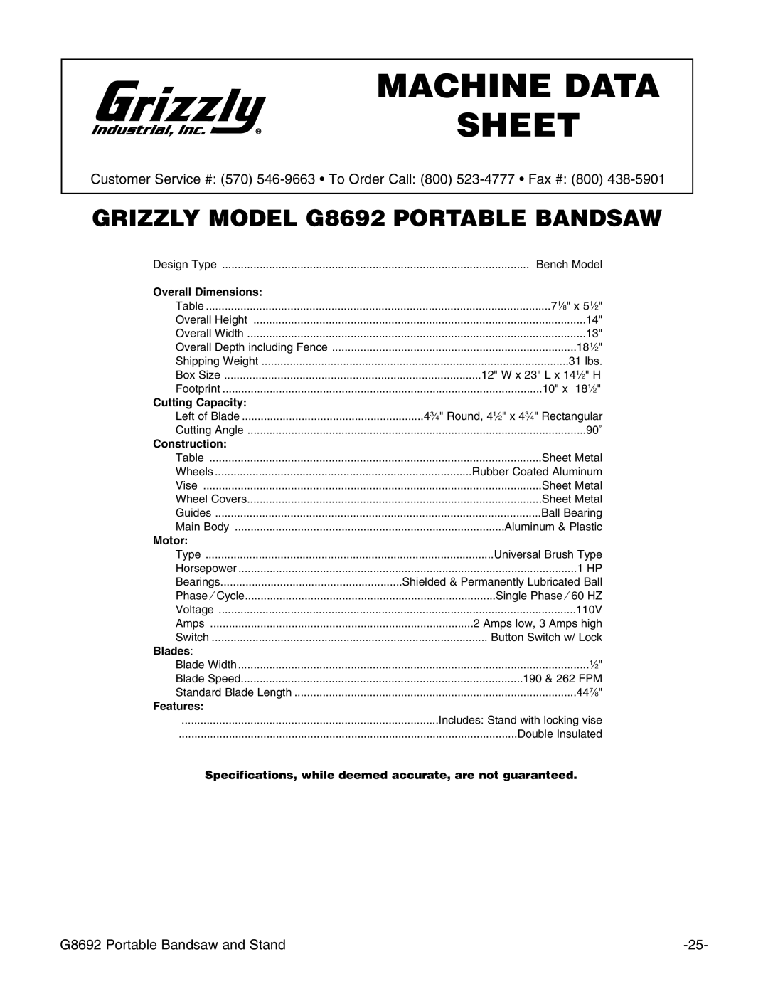 Grizzly G8692 instruction manual Machine Data Sheet 