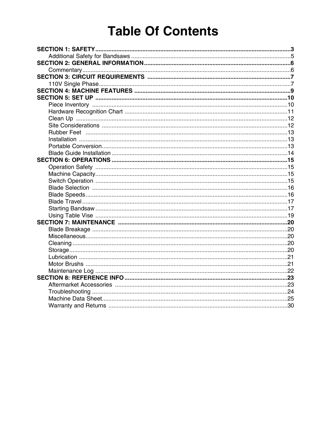 Grizzly G8692 instruction manual Table Of Contents 