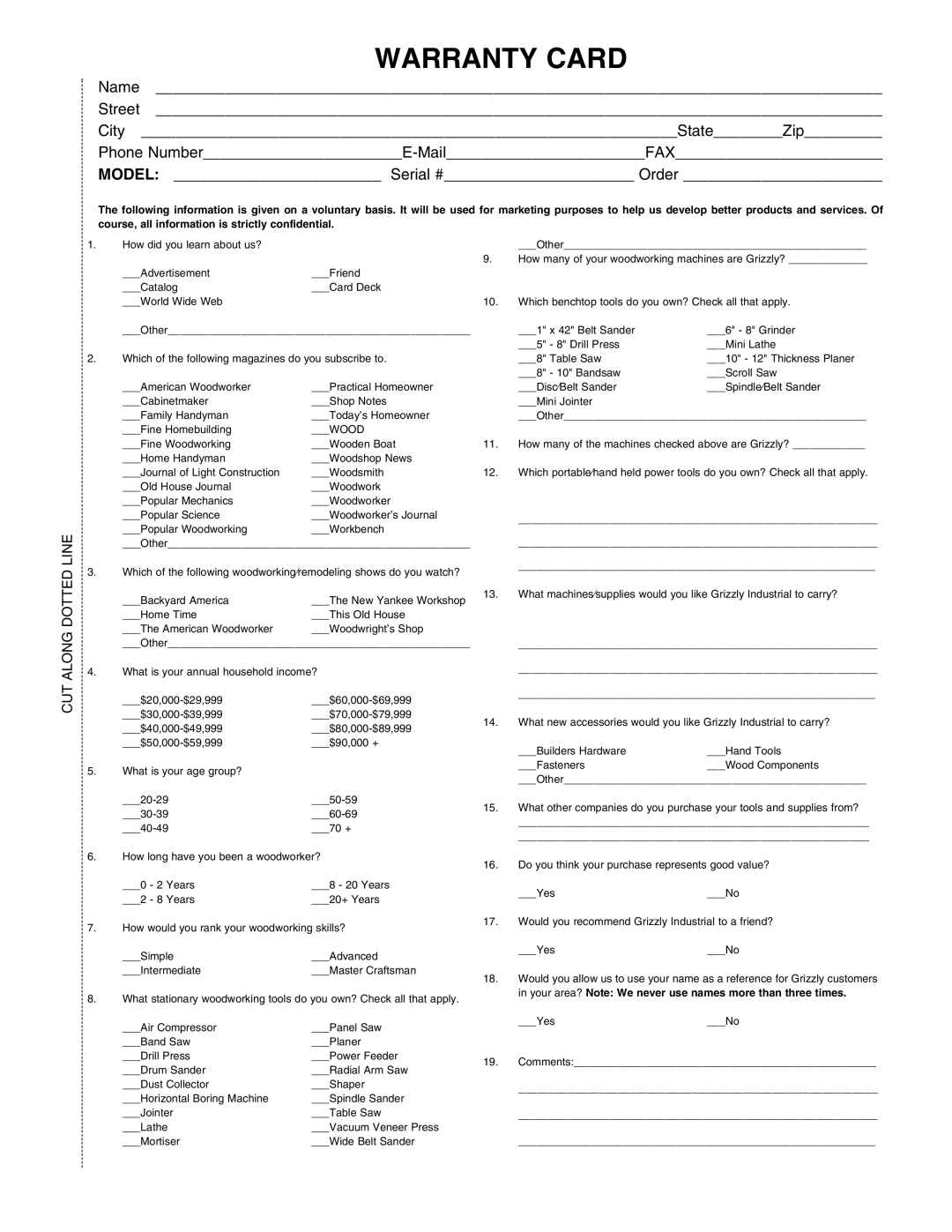 Grizzly G8692 instruction manual Warranty Card 