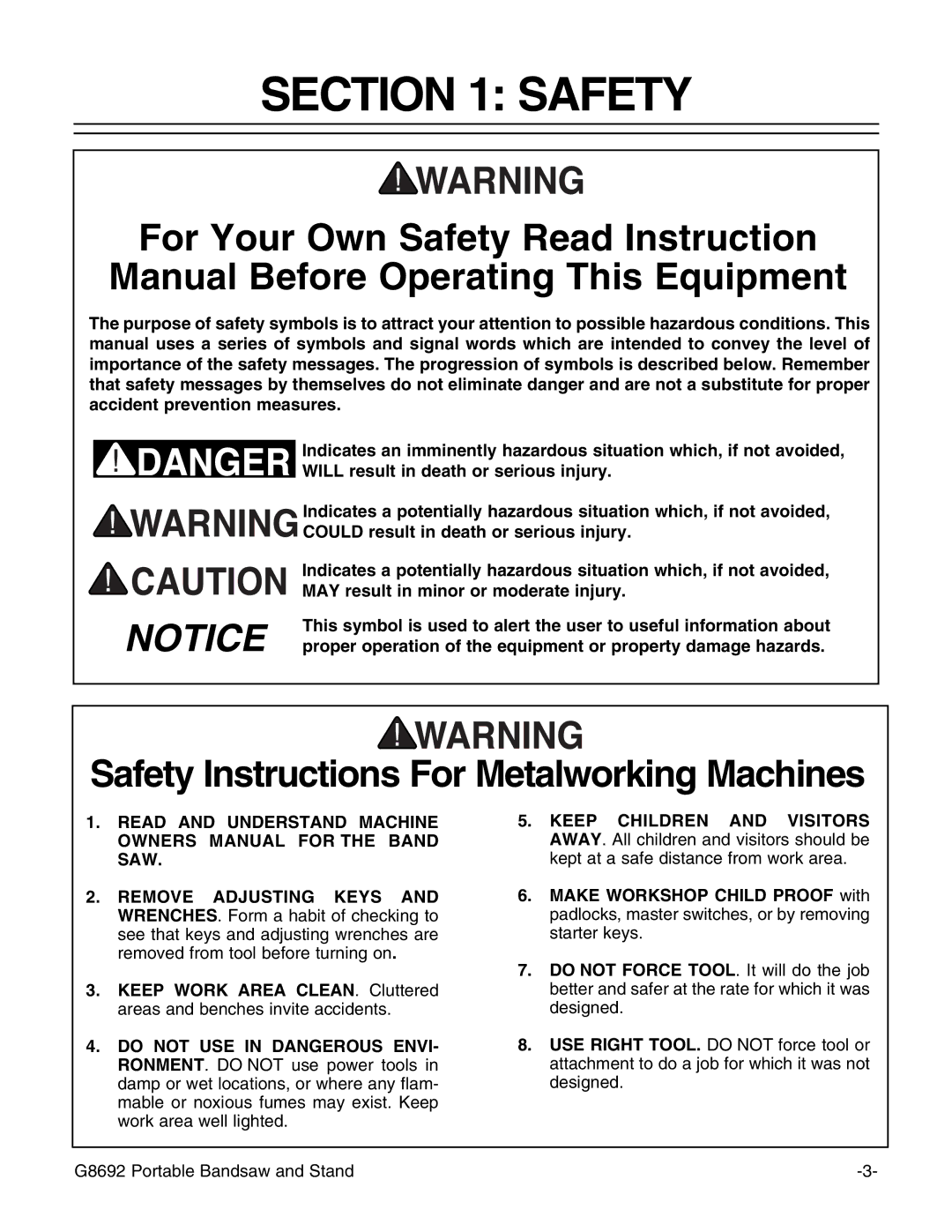 Grizzly G8692 instruction manual Safety Instructions For Metalworking Machines 