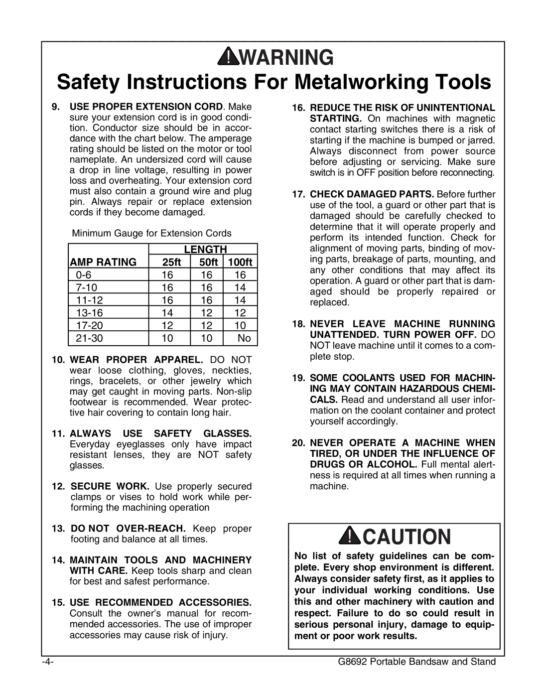 Grizzly G8692 instruction manual Safety Instructions For Metalworking Tools, Length AMP Rating 