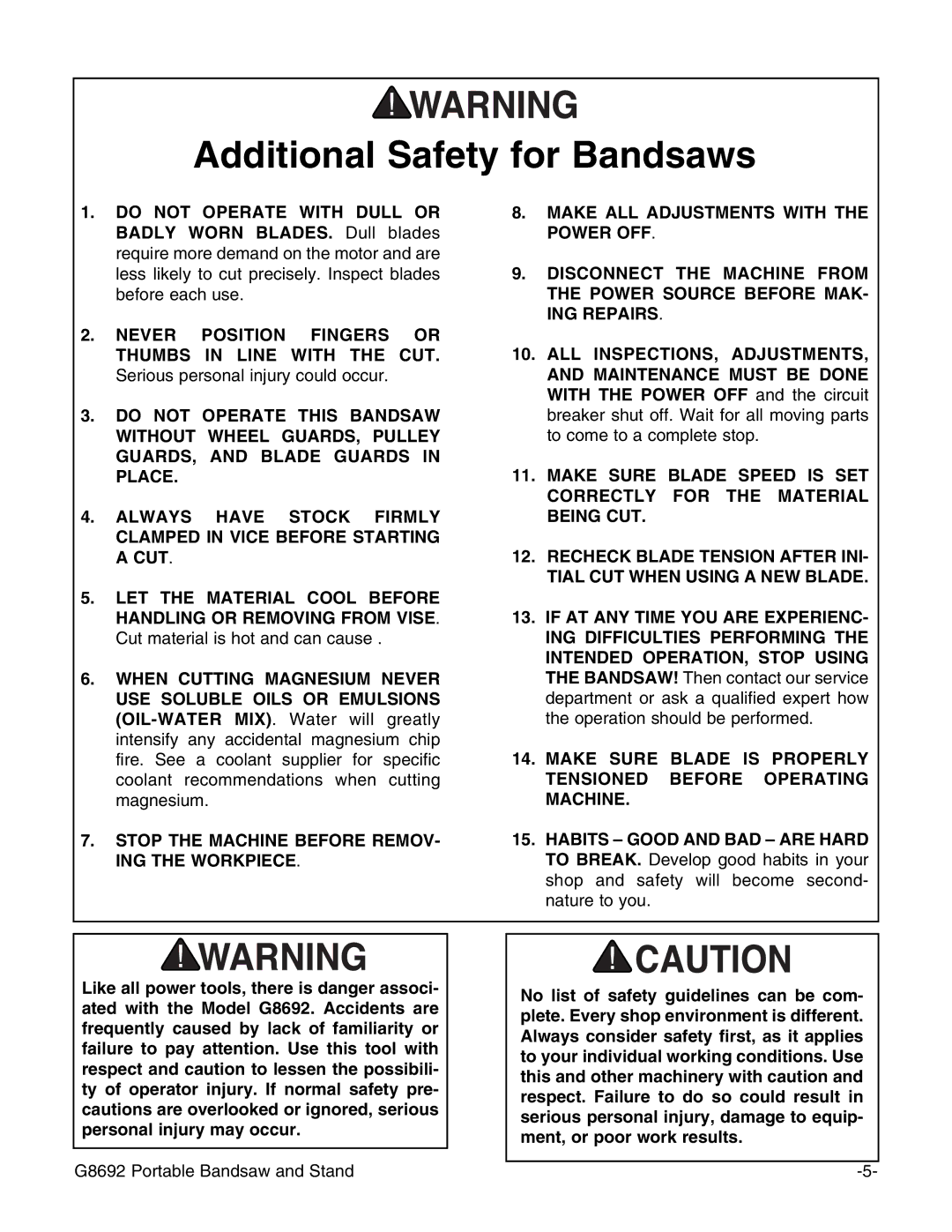 Grizzly G8692 instruction manual Additional Safety for Bandsaws 