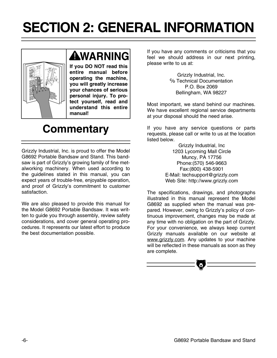 Grizzly G8692 instruction manual General Information, Commentary 