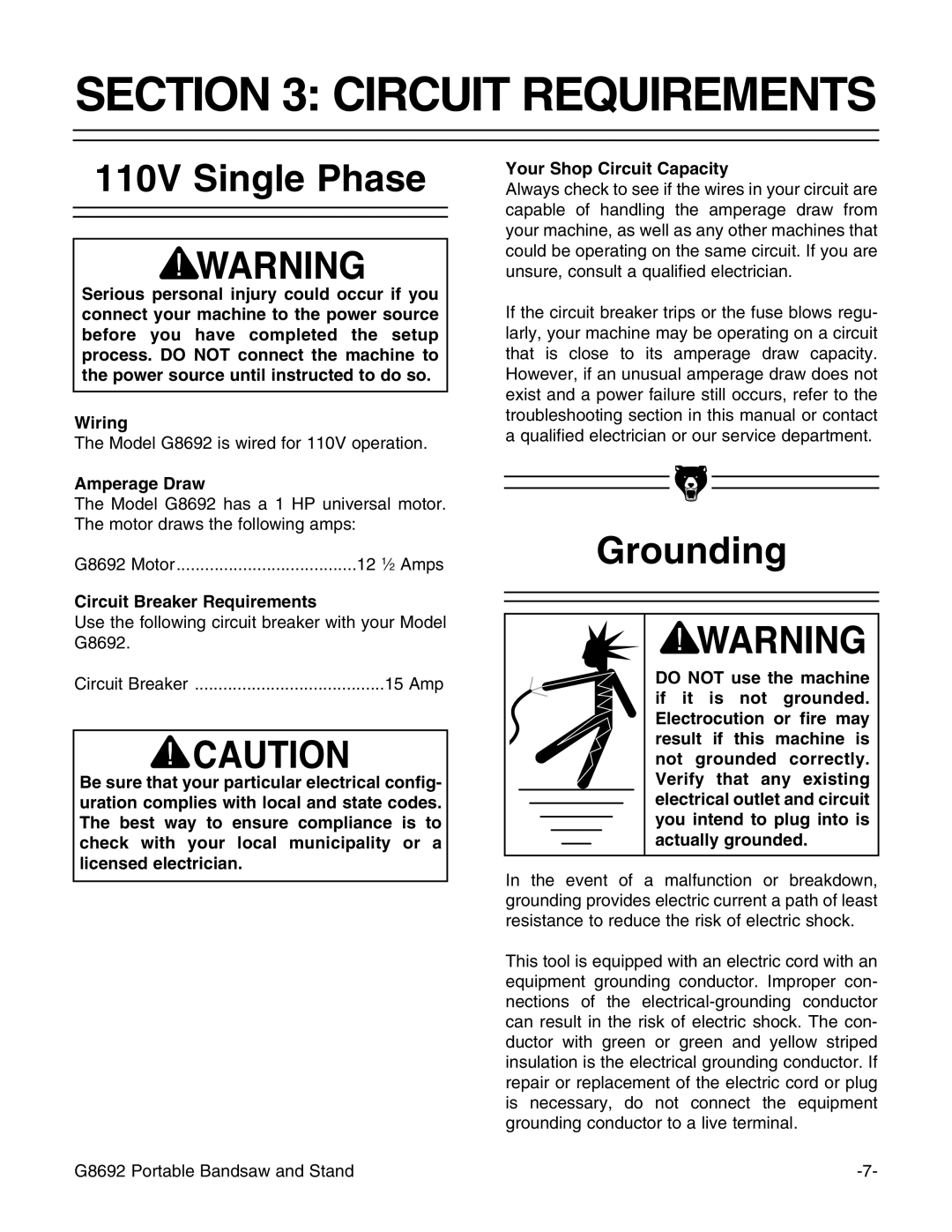 Grizzly G8692 Circuit Requirements, 110V Single Phase, Grounding, Amperage Draw, Circuit Breaker Requirements 