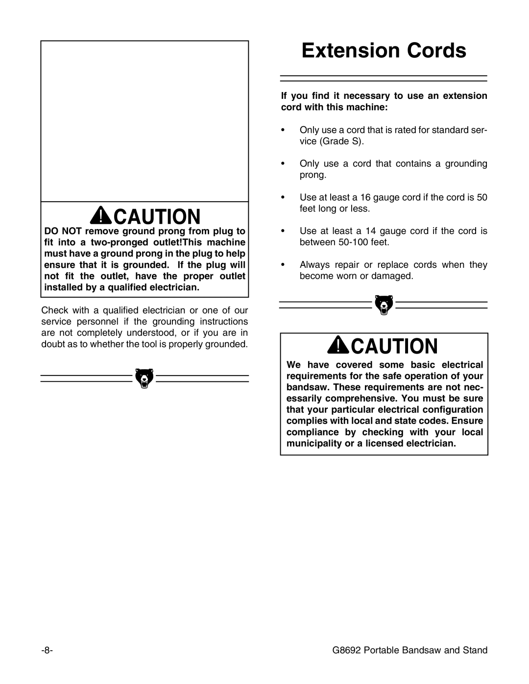 Grizzly G8692 instruction manual Extension Cords 