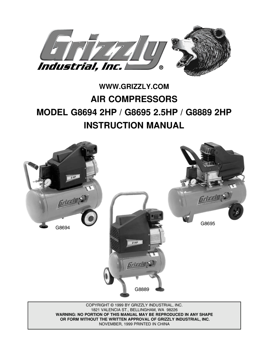 Grizzly G8889, G8694, G8695 instruction manual AIR Compressors 