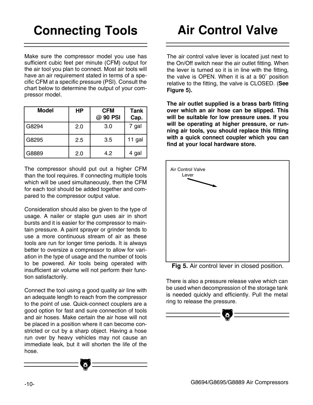 Grizzly G8695, G8694, G8889 instruction manual Connecting Tools Air Control Valve, Air control lever in closed position 