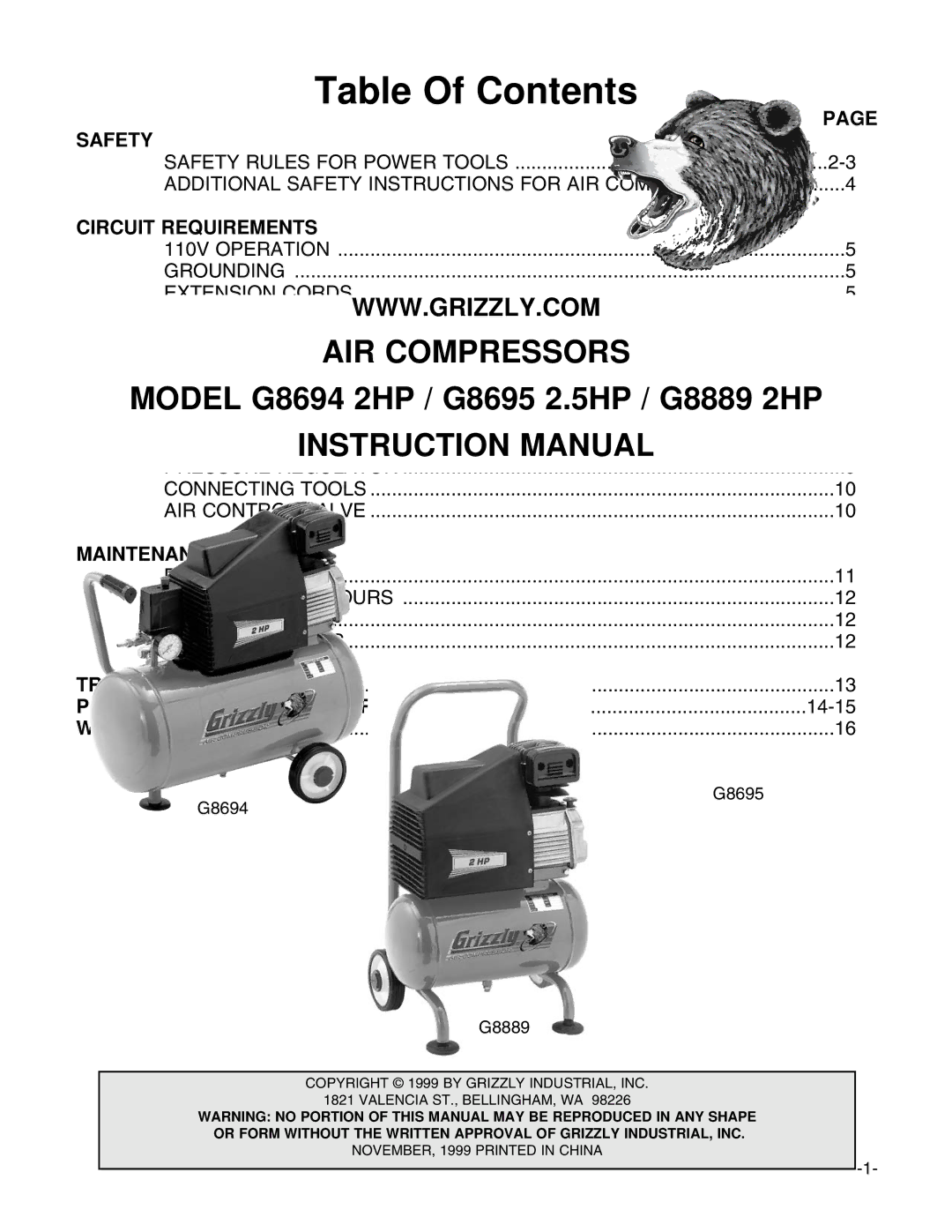 Grizzly G8695, G8694, G8889 instruction manual Table Of Contents 