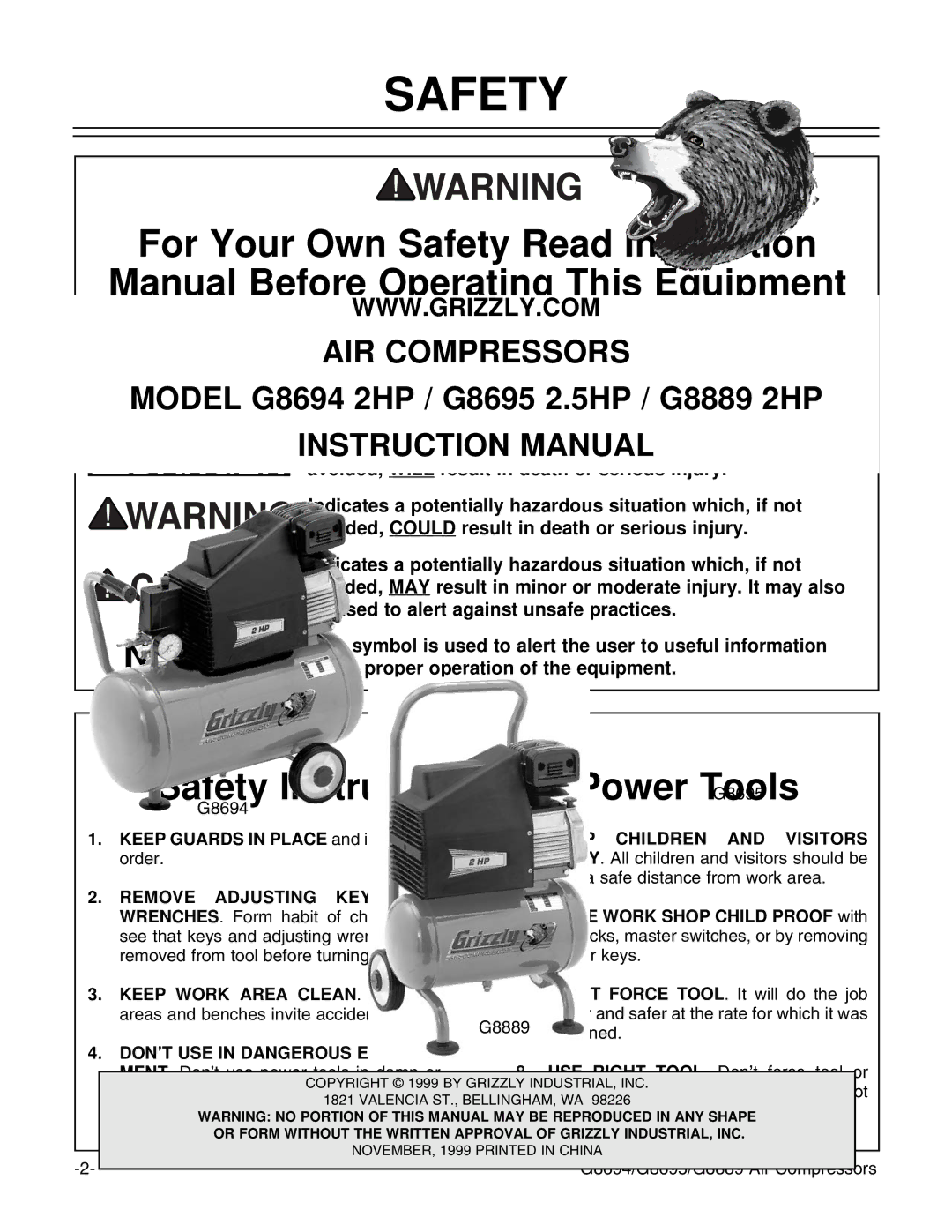 Grizzly G8694, G8889, G8695 instruction manual Safety Instructions For Power Tools 