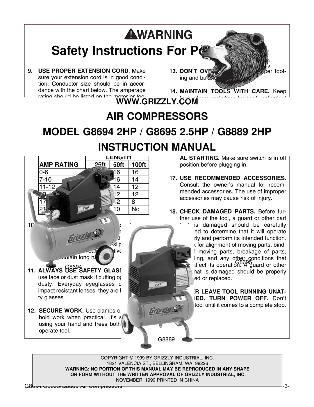 Grizzly G8889, G8694, G8695 instruction manual Length AMP Rating, 11-12 13-16 17-20 21-30 