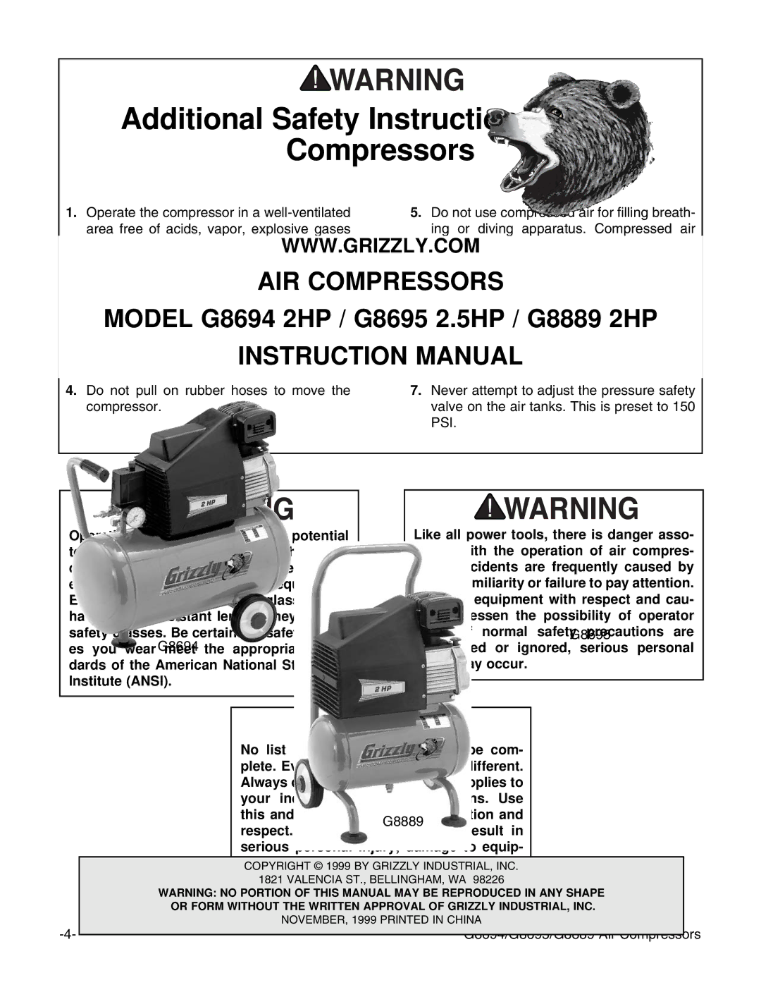 Grizzly G8695, G8694, G8889 instruction manual Additional Safety Instructions For Air Compressors 