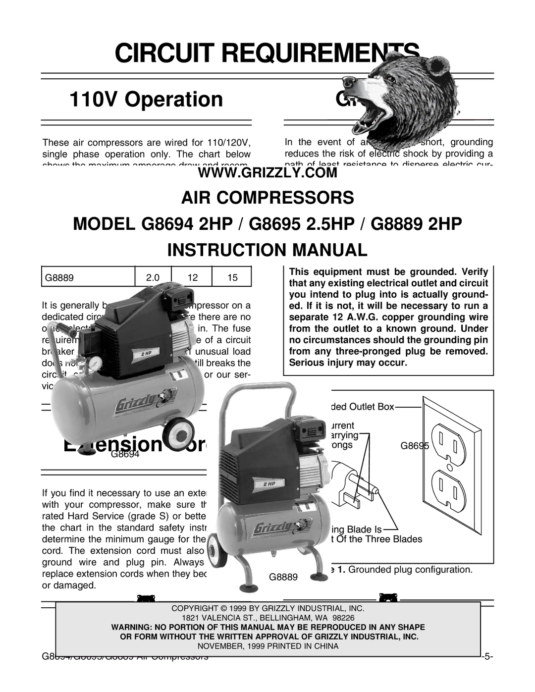 Grizzly G8694, G8889, G8695 instruction manual Circuit Requirements, 110V Operation, Grounding, Extension Cords 