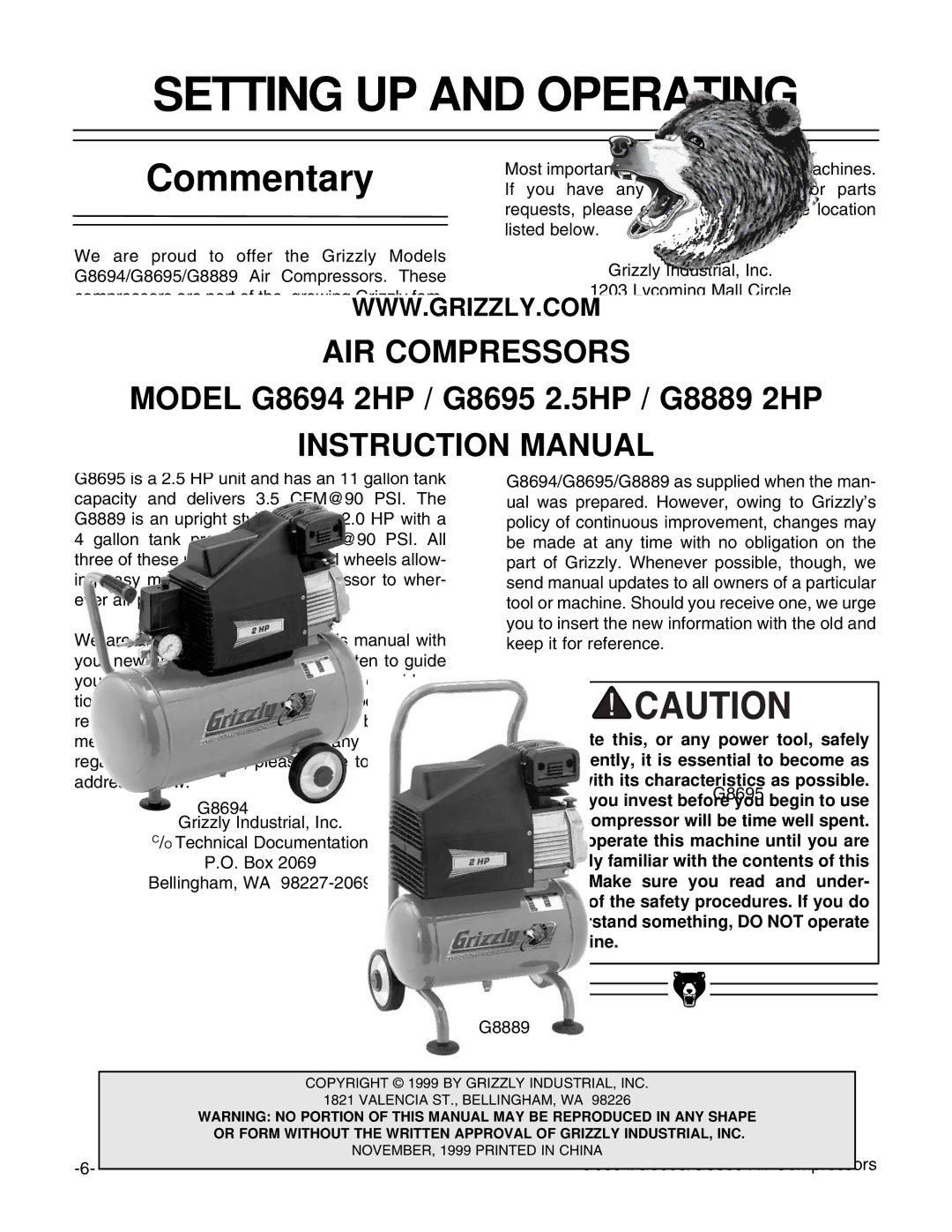 Grizzly G8889, G8694, G8695 instruction manual Setting UP and Operating, Commentary 