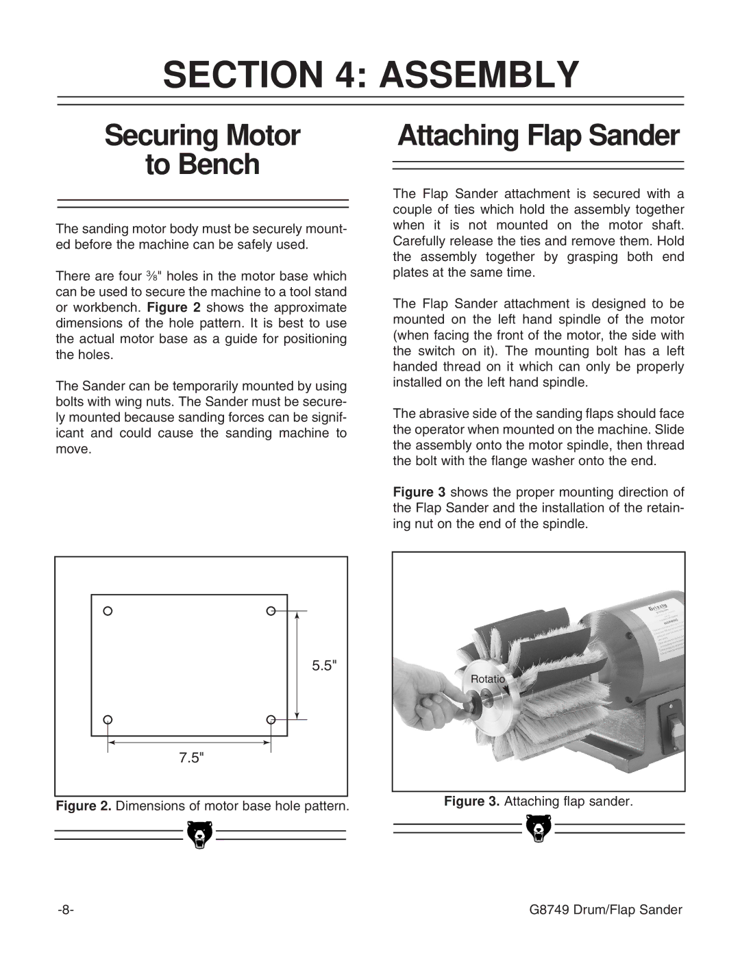 Grizzly G8749 instruction manual Assembly, Securing Motor To Bench, Attaching Flap Sander 