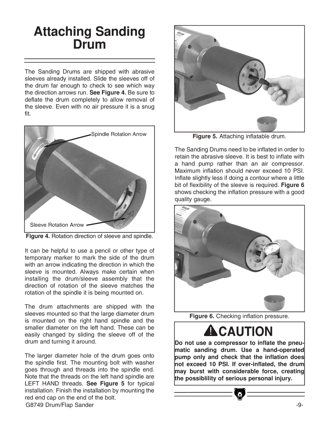 Grizzly G8749 instruction manual Attaching Sanding Drum, Checking inflation pressure 