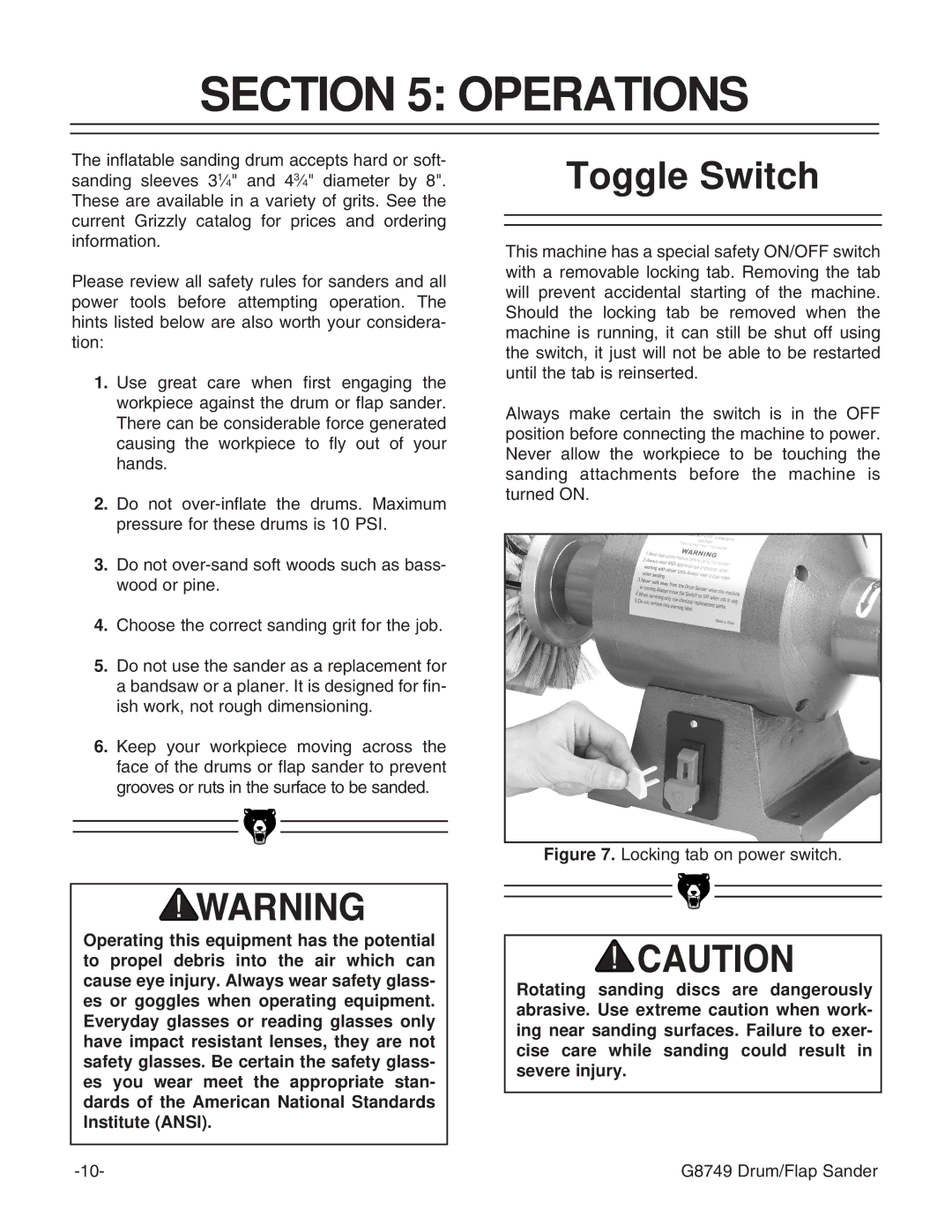 Grizzly G8749 instruction manual Operations, Toggle Switch 