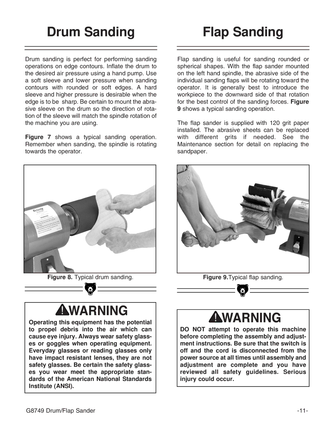 Grizzly G8749 instruction manual Drum Sanding Flap Sanding, Typical drum sanding 