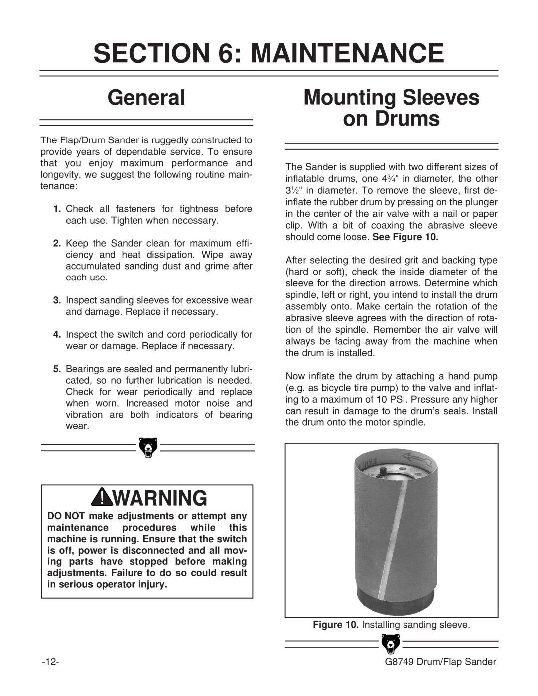 Grizzly G8749 instruction manual Maintenance, General, Mounting Sleeves On Drums 