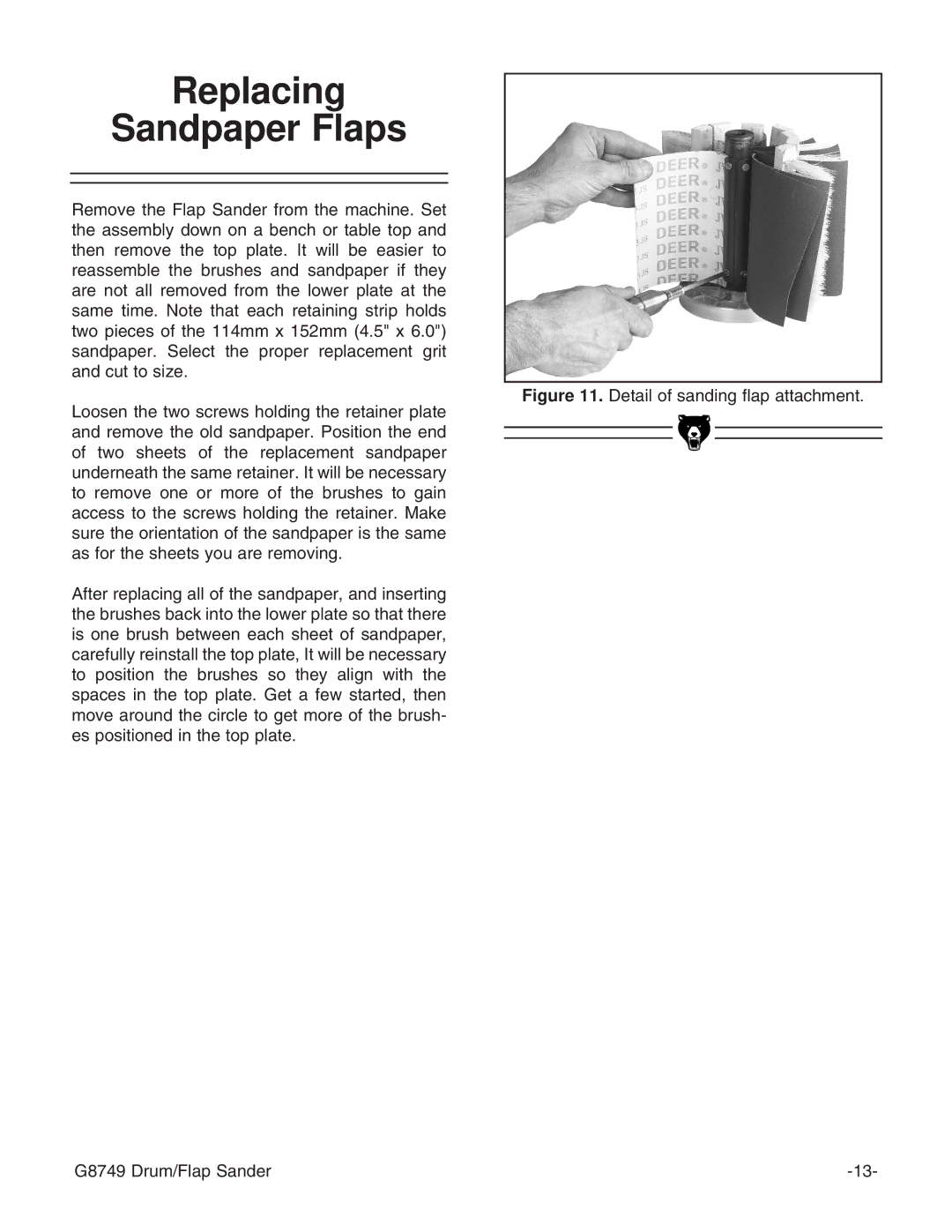 Grizzly instruction manual Replacing Sandpaper Flaps, Detail of sanding flap attachment G8749 Drum/Flap Sander 