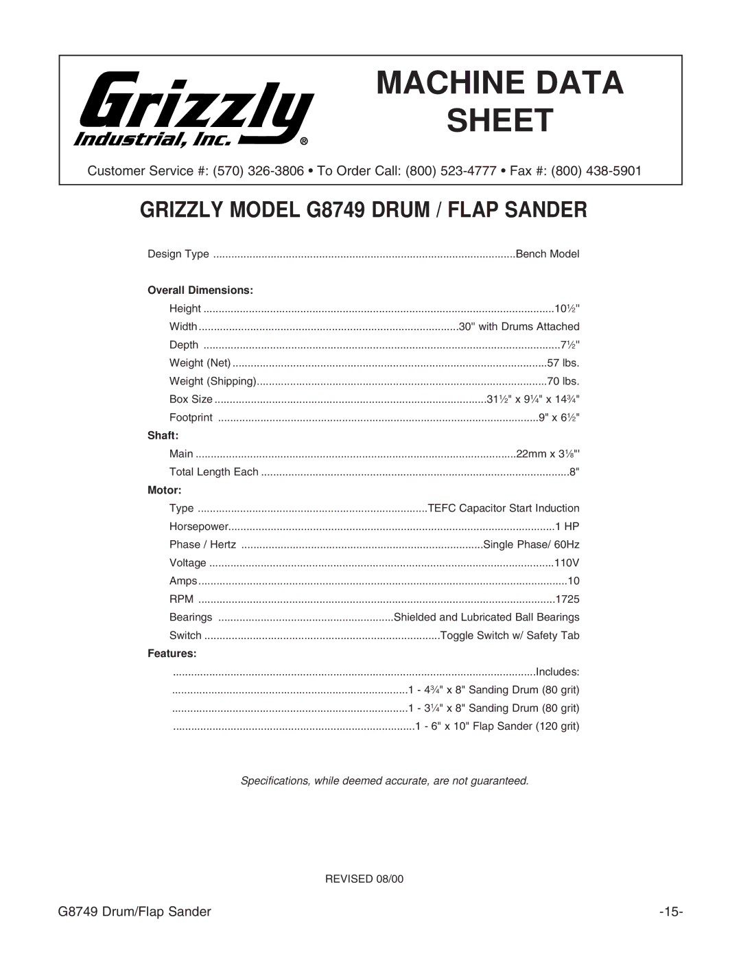 Grizzly G8749 instruction manual Machine Data Sheet 