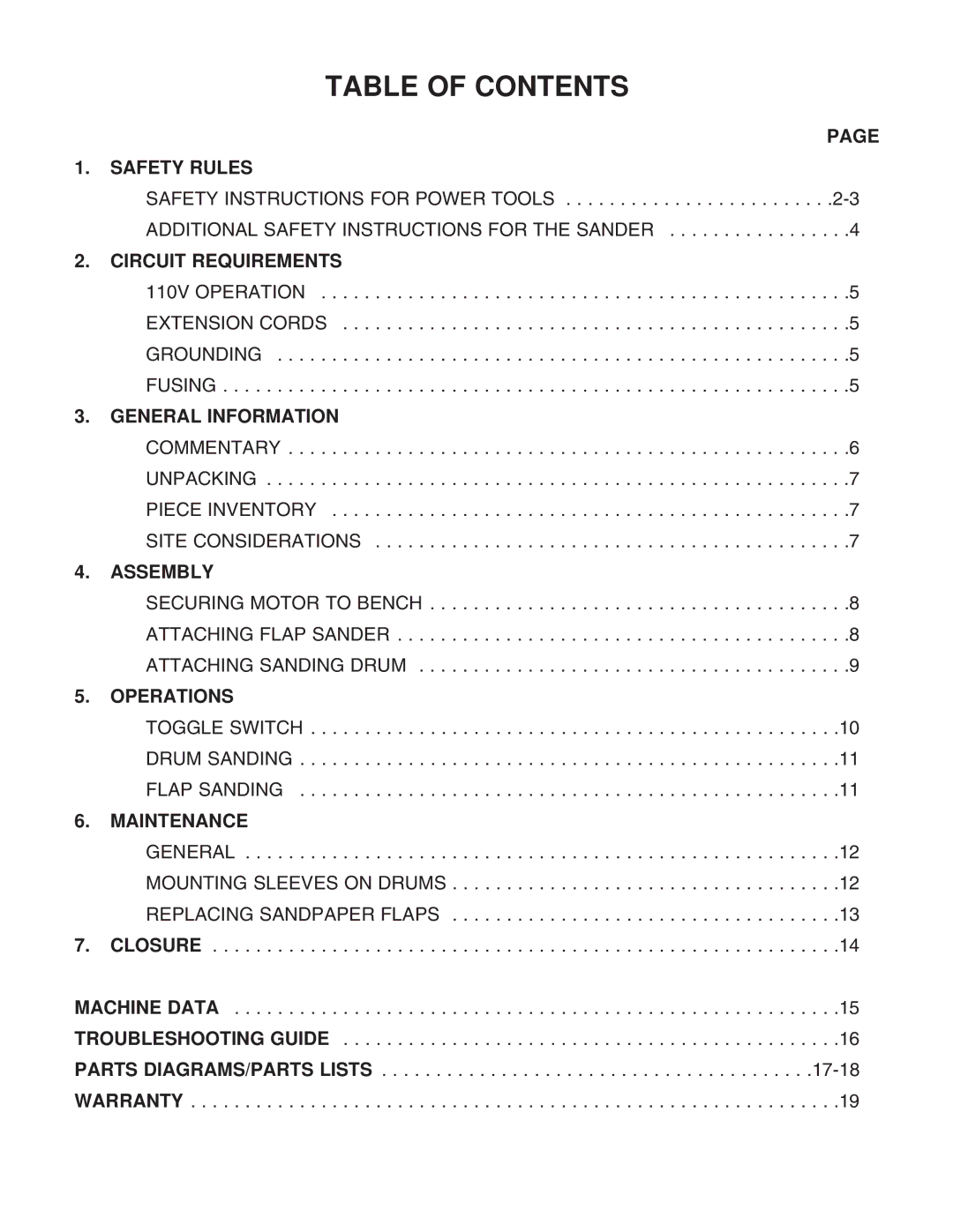 Grizzly G8749 instruction manual Table of Contents 