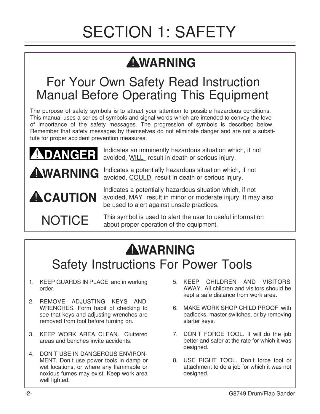 Grizzly G8749 instruction manual Safety Instructions For Power Tools 