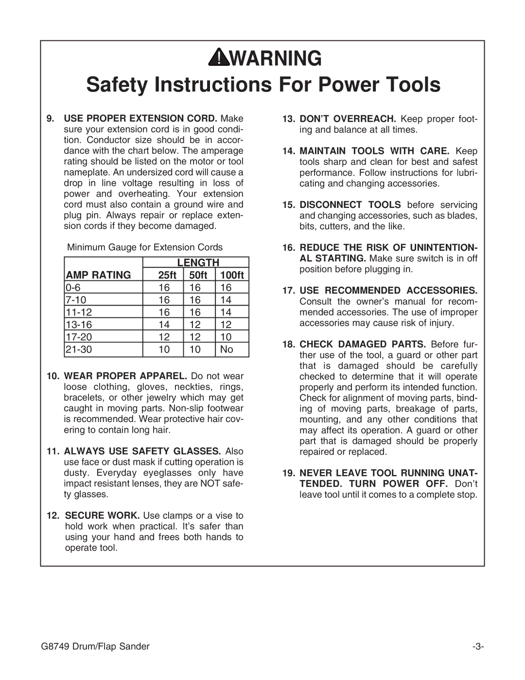 Grizzly G8749 instruction manual Length AMP Rating 