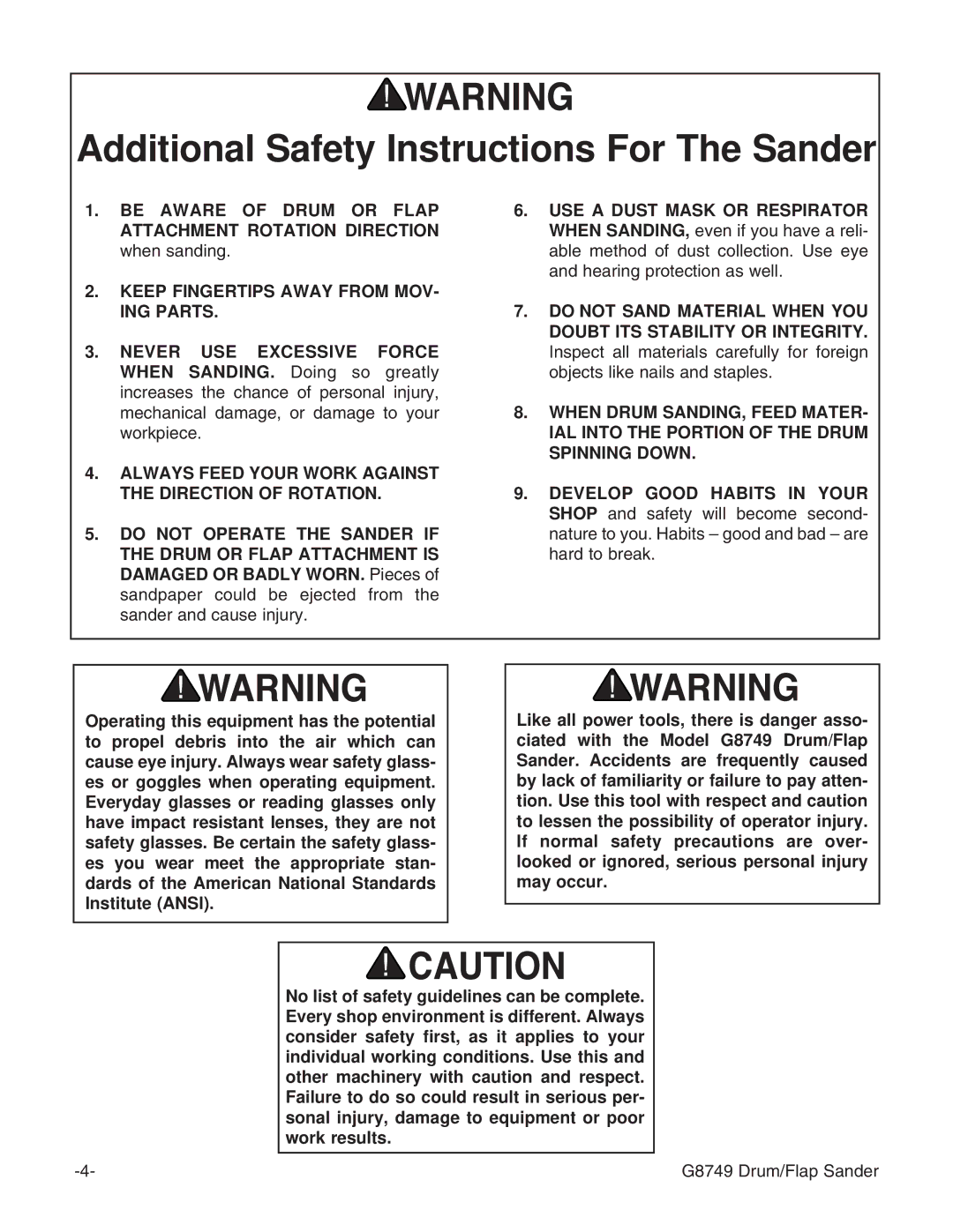 Grizzly G8749 instruction manual Additional Safety Instructions For The Sander, Keep Fingertips Away from MOV- ING Parts 