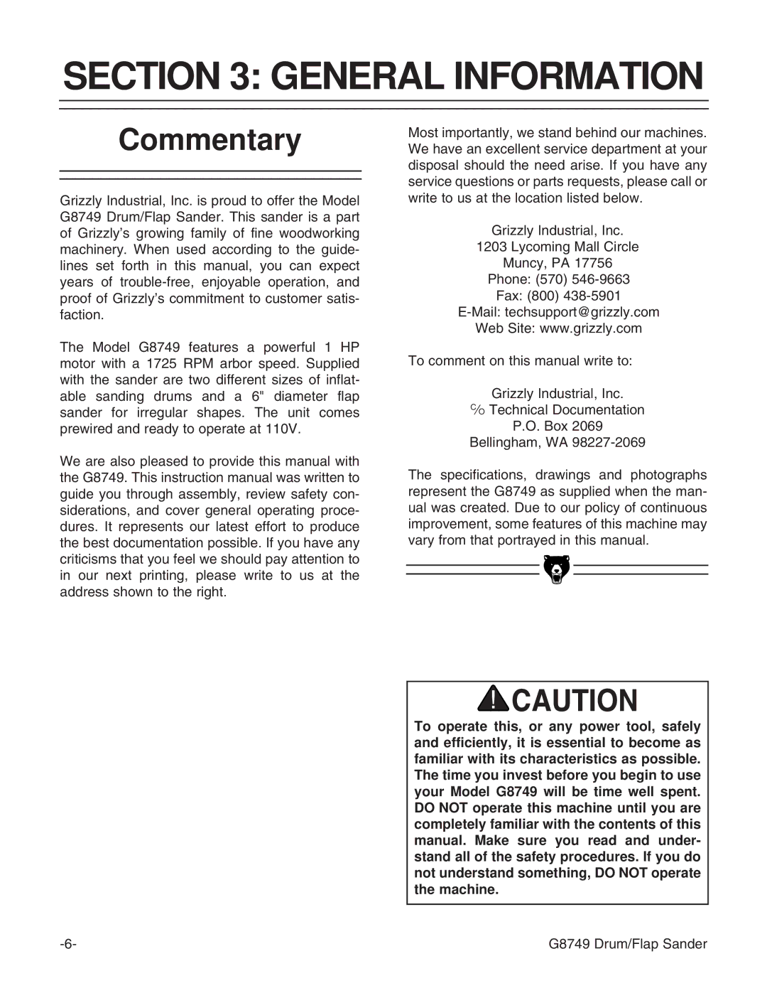 Grizzly G8749 instruction manual General Information, Commentary 